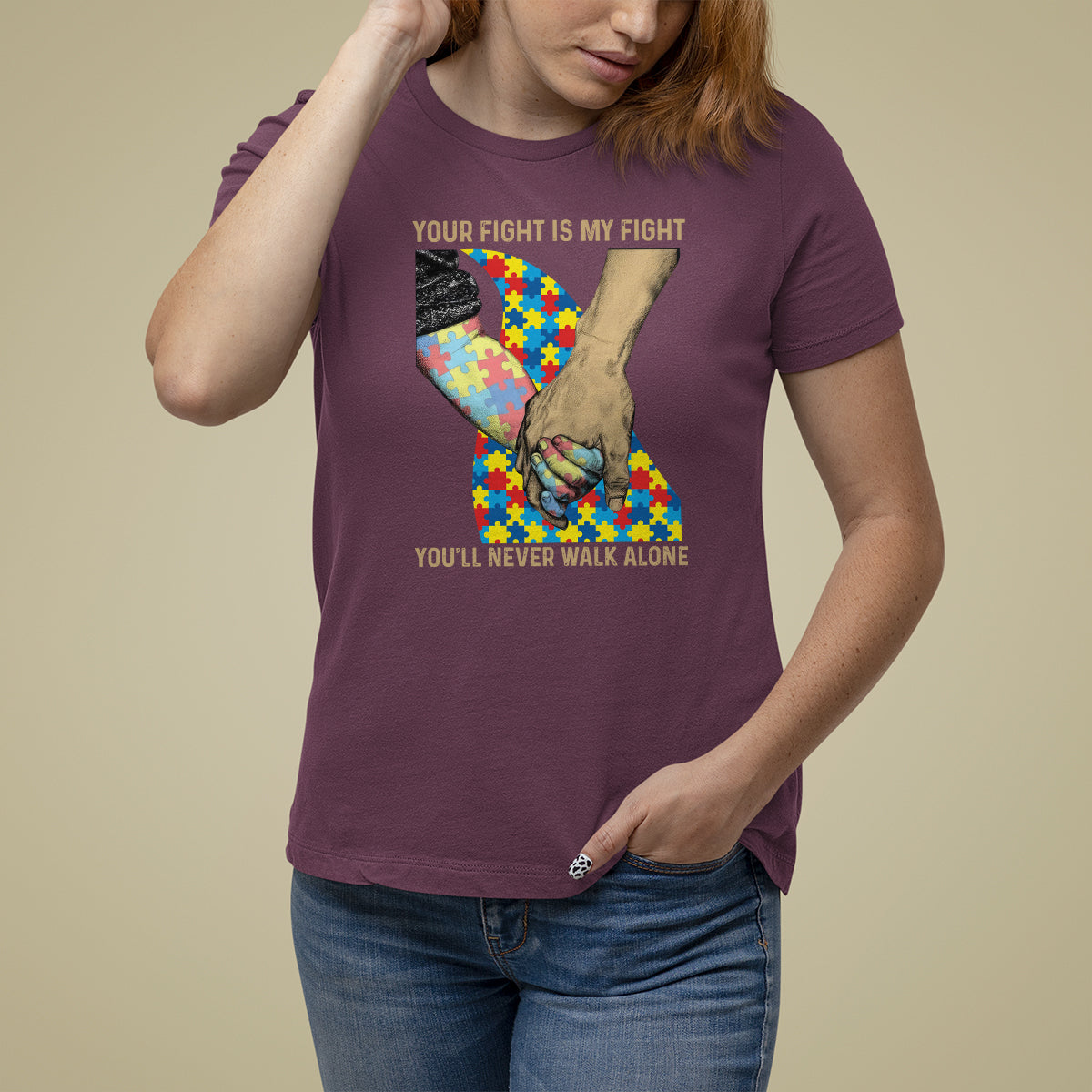 Autism Support T Shirt For Women Your Fight Is My Fight Together Hand In Hand - Wonder Print Shop