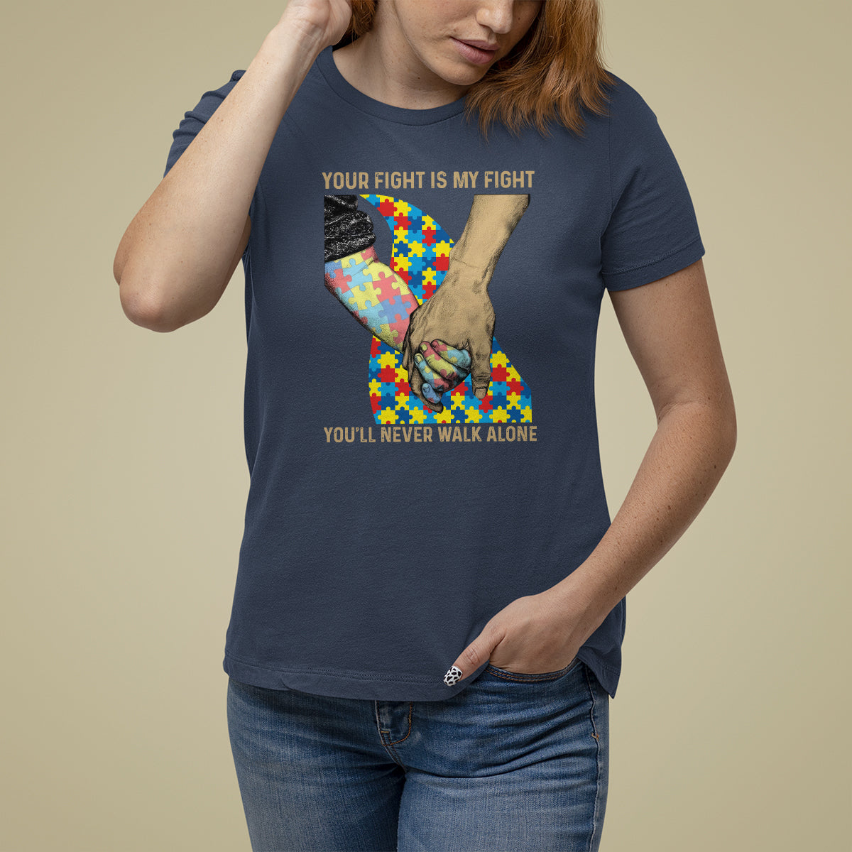 Autism Support T Shirt For Women Your Fight Is My Fight Together Hand In Hand - Wonder Print Shop