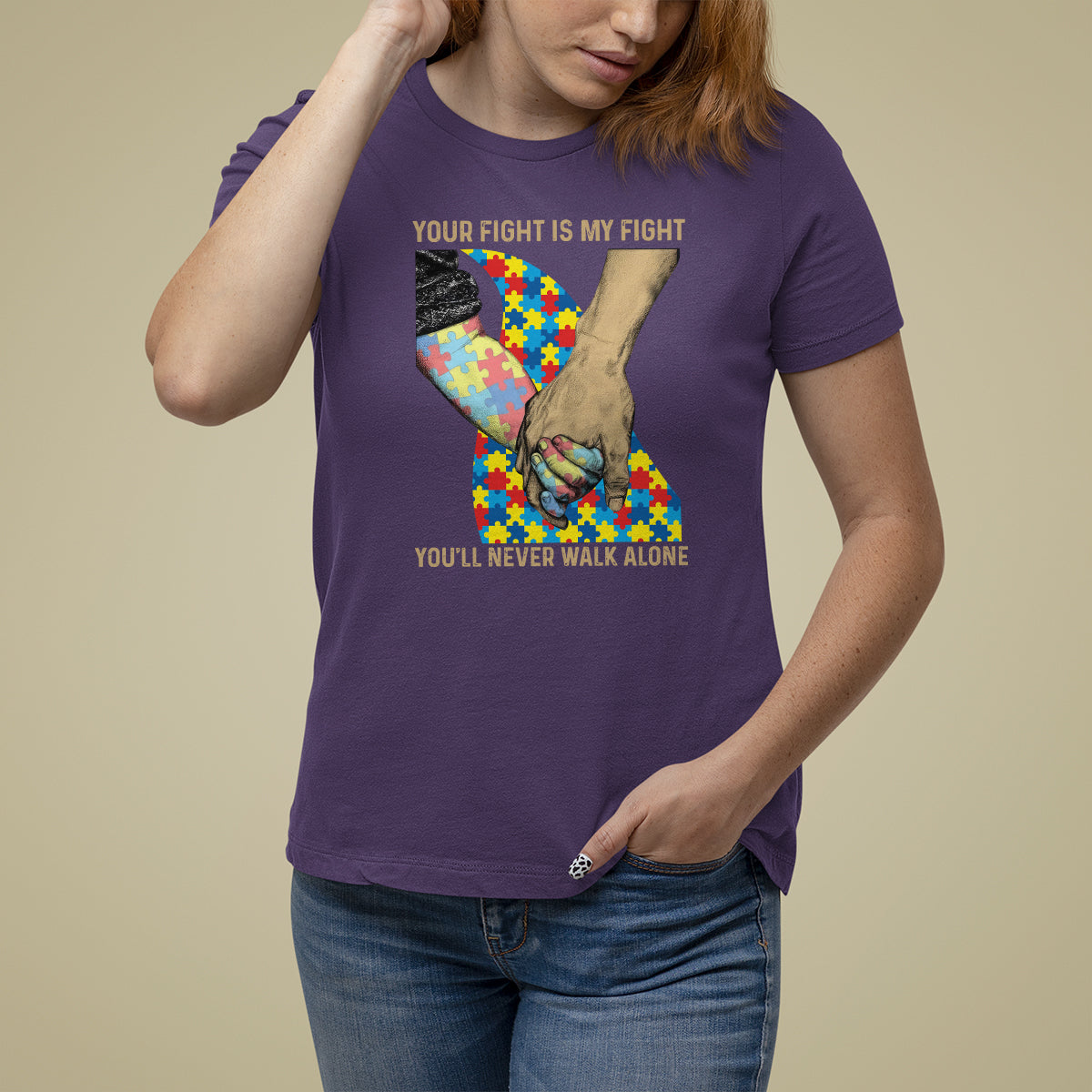 Autism Support T Shirt For Women Your Fight Is My Fight Together Hand In Hand - Wonder Print Shop