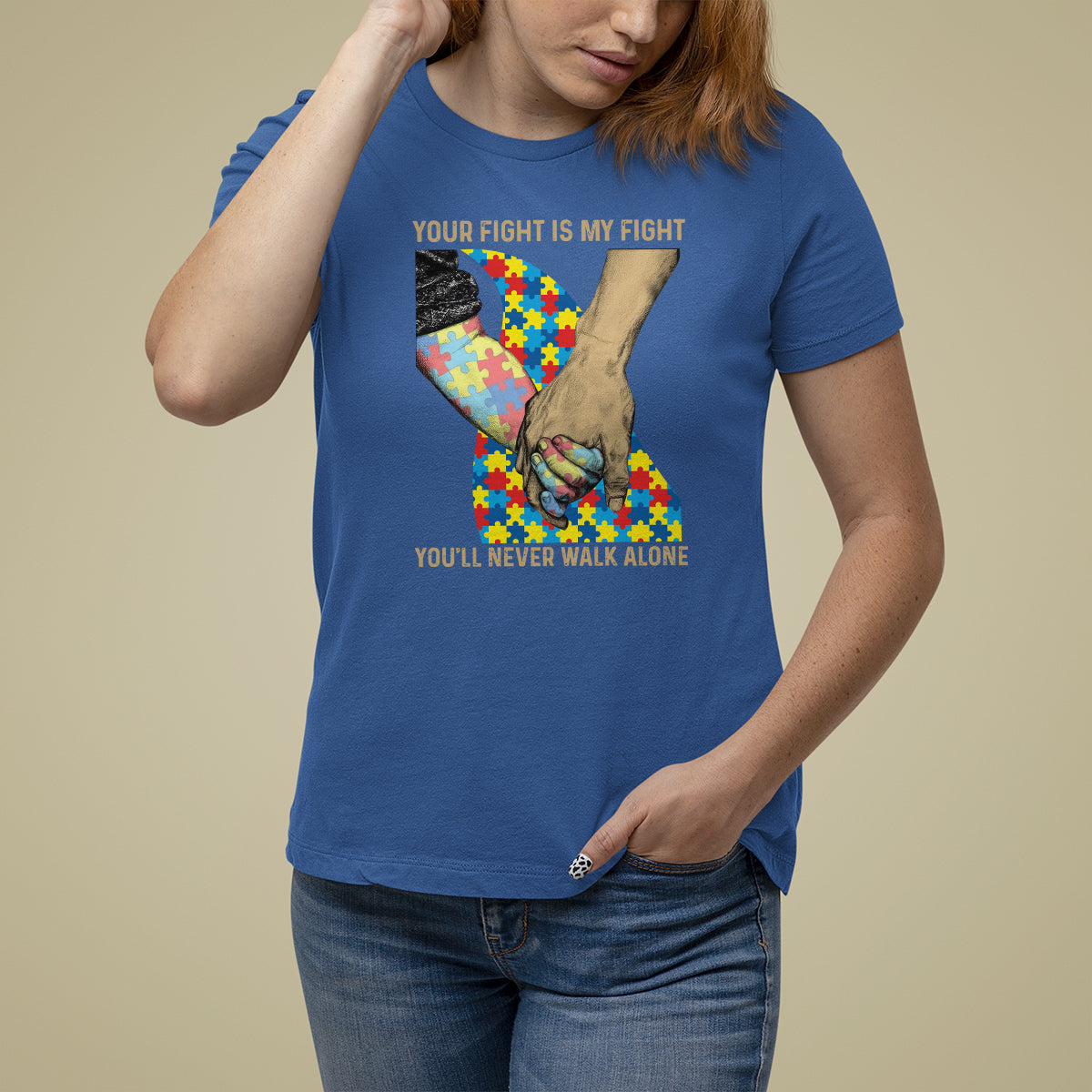 Autism Support T Shirt For Women Your Fight Is My Fight Together Hand In Hand - Wonder Print Shop