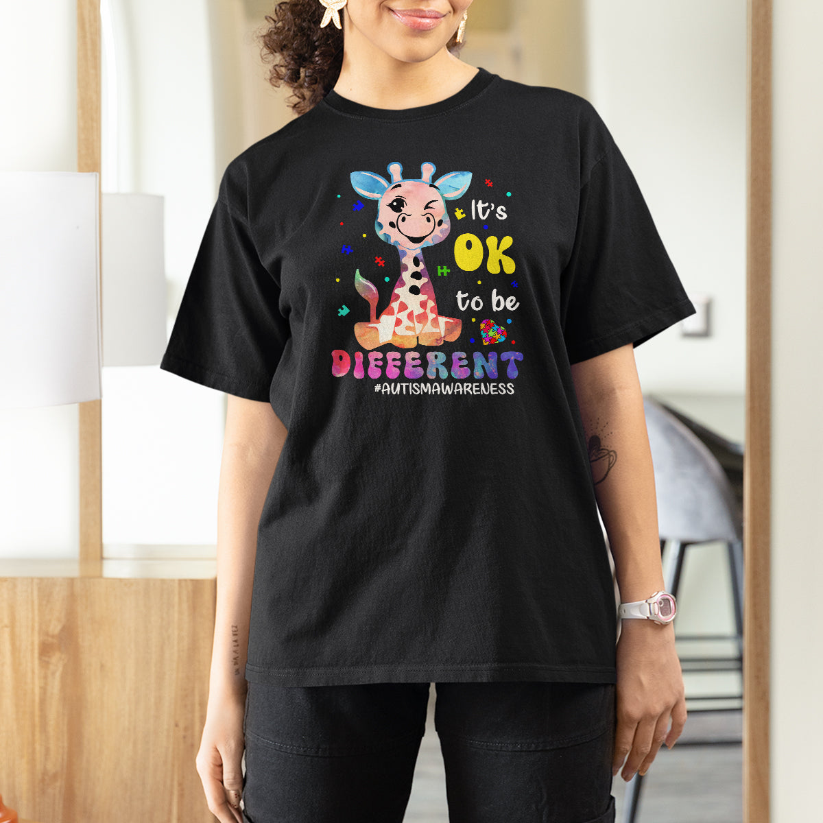 Cute Giraffe Autism T Shirt For Women It's Ok To Be Different - Wonder Print Shop