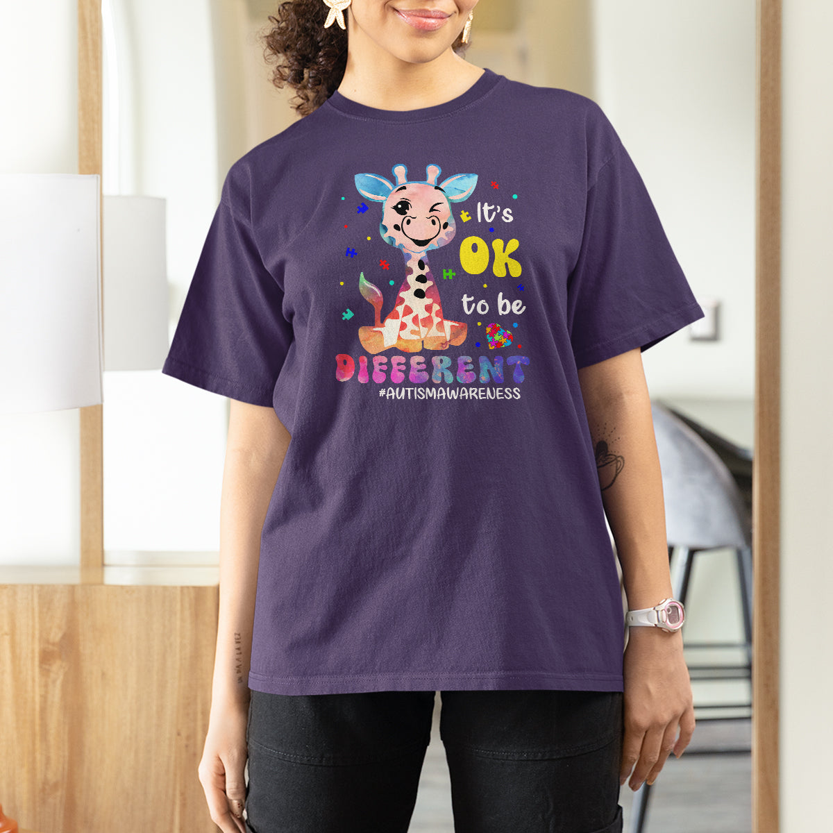 Cute Giraffe Autism T Shirt For Women It's Ok To Be Different - Wonder Print Shop