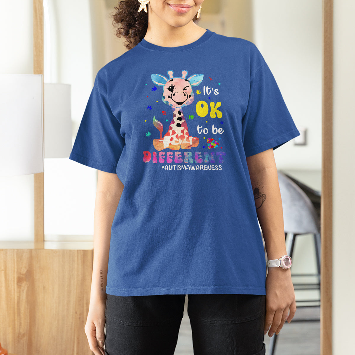 Cute Giraffe Autism T Shirt For Women It's Ok To Be Different - Wonder Print Shop