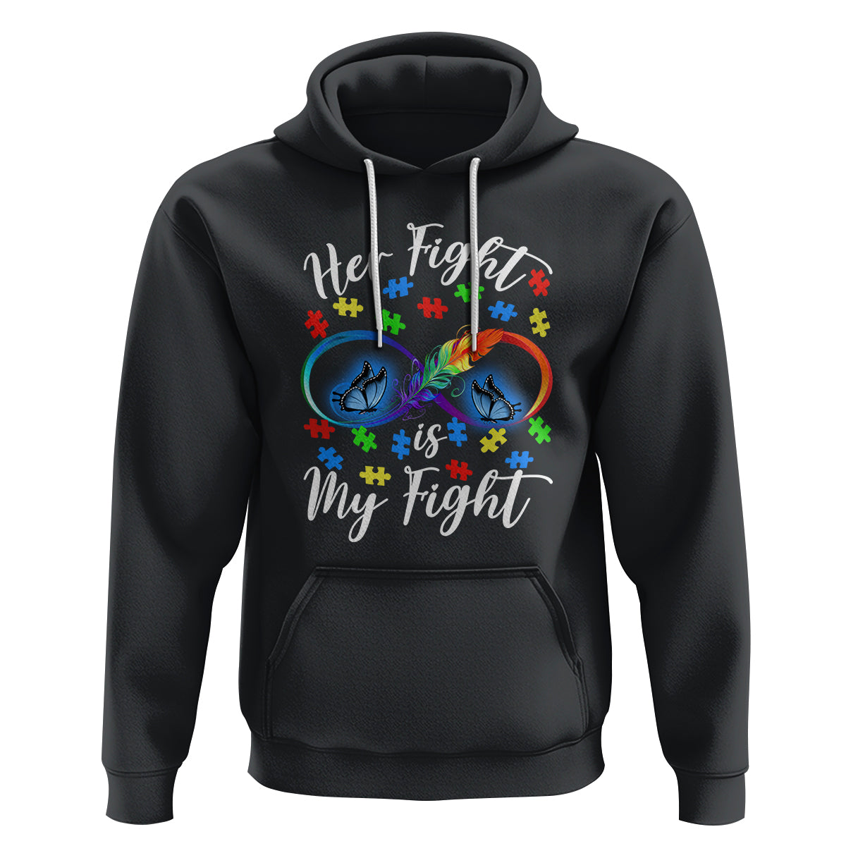 Autism Support Hoodie Her Fight Is My FightRainbow Infinity With Feather Butterflies - Wonder Print Shop