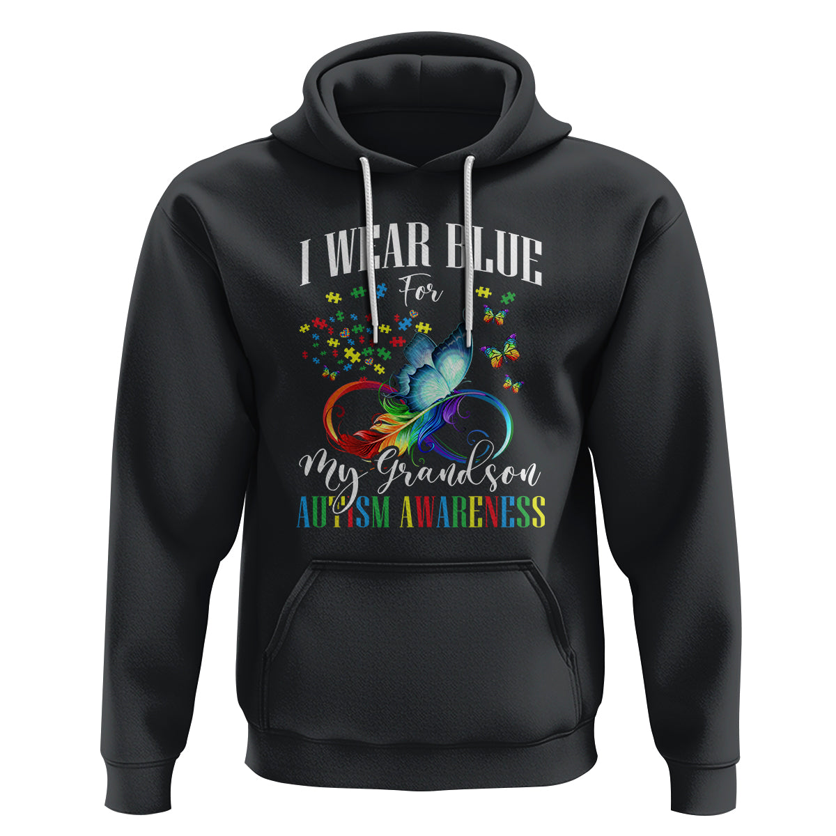 Autism Grandparents Hoodie I Wear Blue For My Grandson Grandma Grandpa Rainbow Infinity with Feather Butterfly - Wonder Print Shop