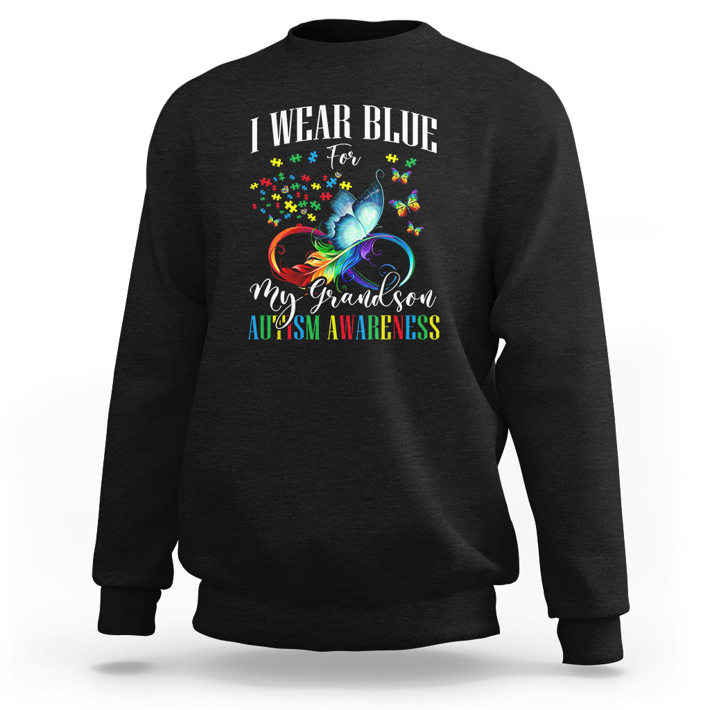 Autism Grandparents Sweatshirt I Wear Blue For My Grandson Grandma Grandpa Rainbow Infinity with Feather Butterfly - Wonder Print Shop