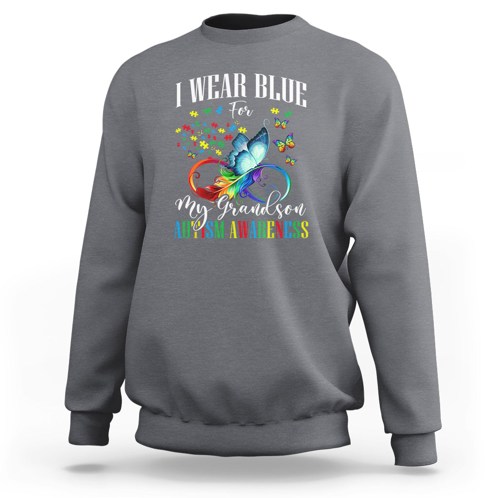 Autism Grandparents Sweatshirt I Wear Blue For My Grandson Grandma Grandpa Rainbow Infinity with Feather Butterfly - Wonder Print Shop