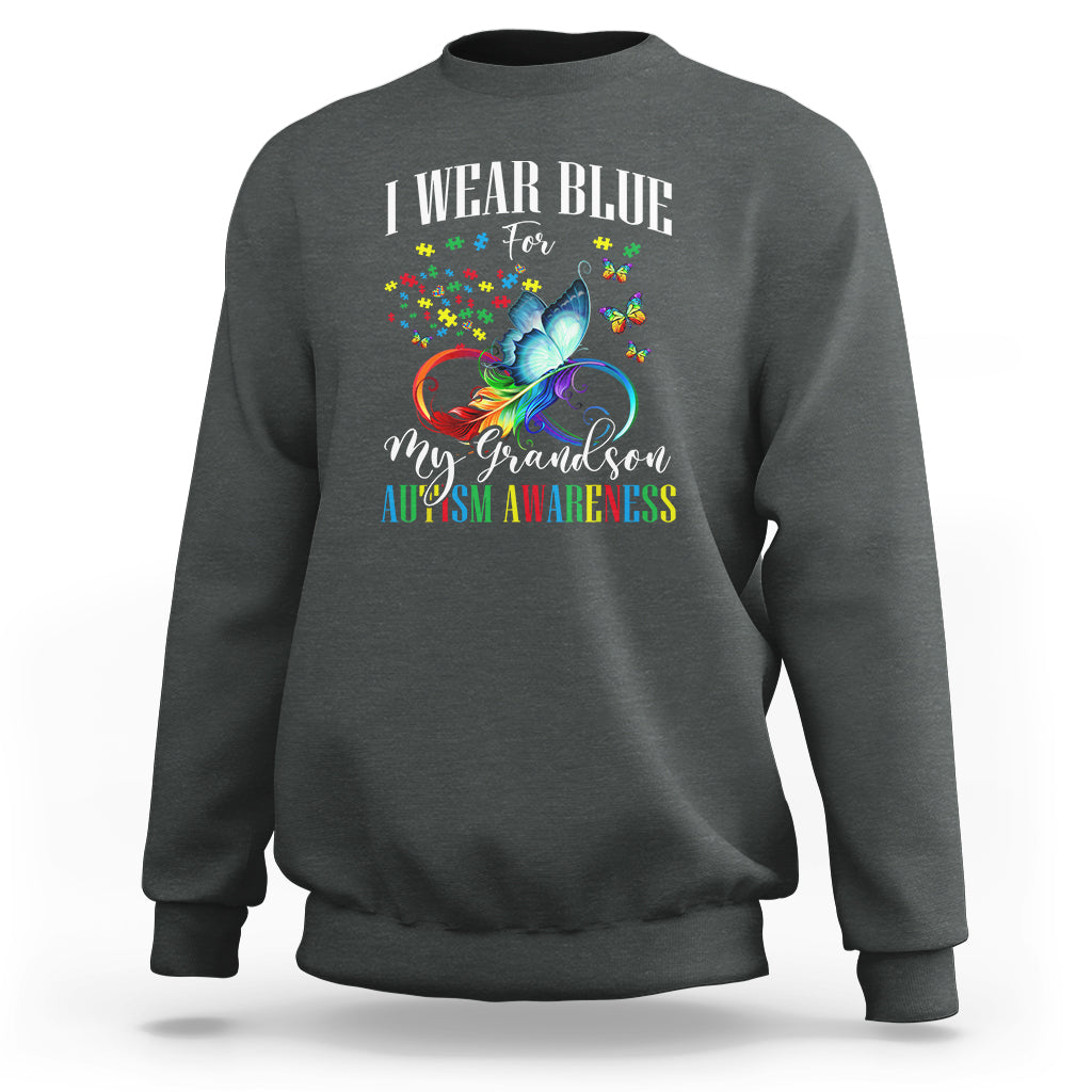 Autism Grandparents Sweatshirt I Wear Blue For My Grandson Grandma Grandpa Rainbow Infinity with Feather Butterfly - Wonder Print Shop