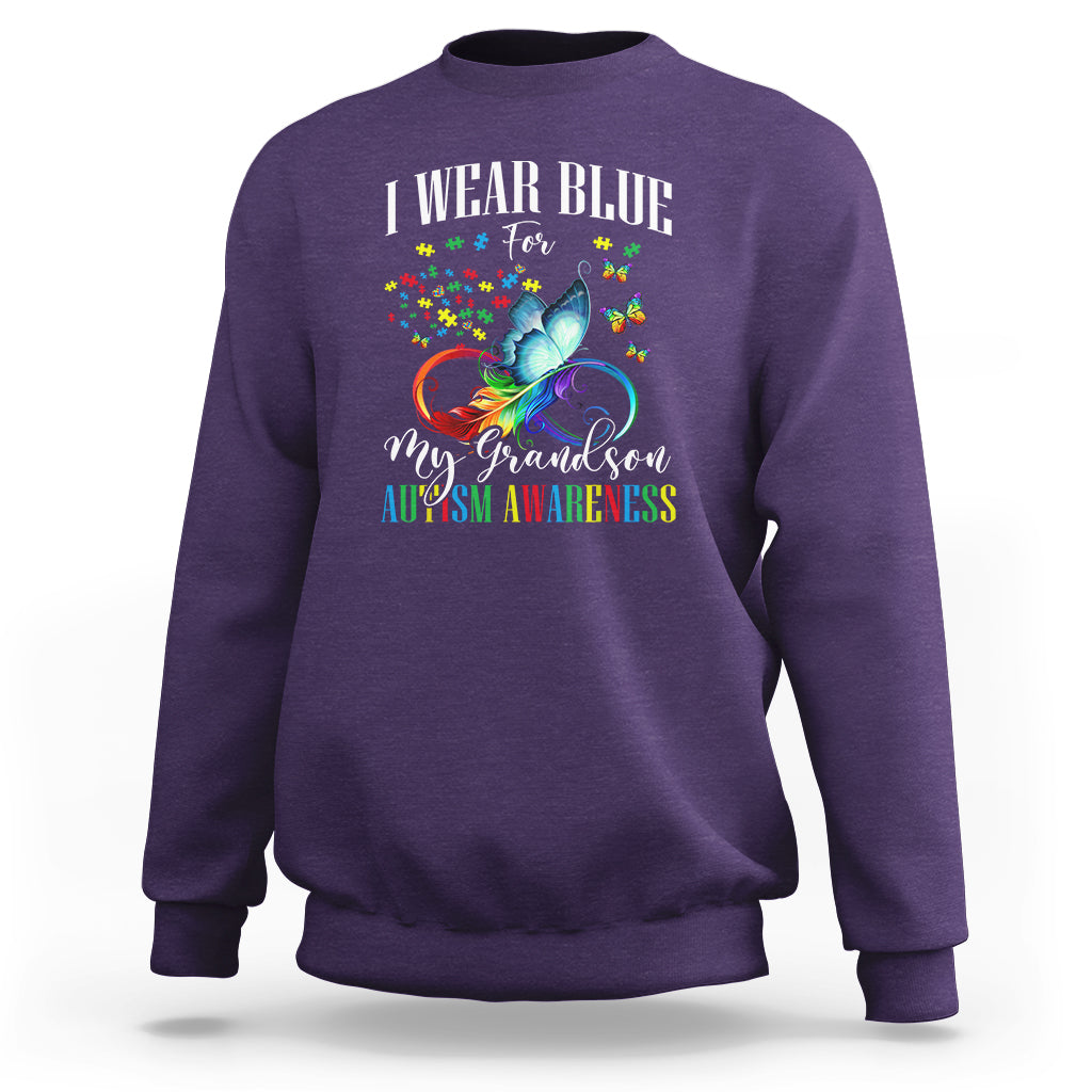 Autism Grandparents Sweatshirt I Wear Blue For My Grandson Grandma Grandpa Rainbow Infinity with Feather Butterfly - Wonder Print Shop