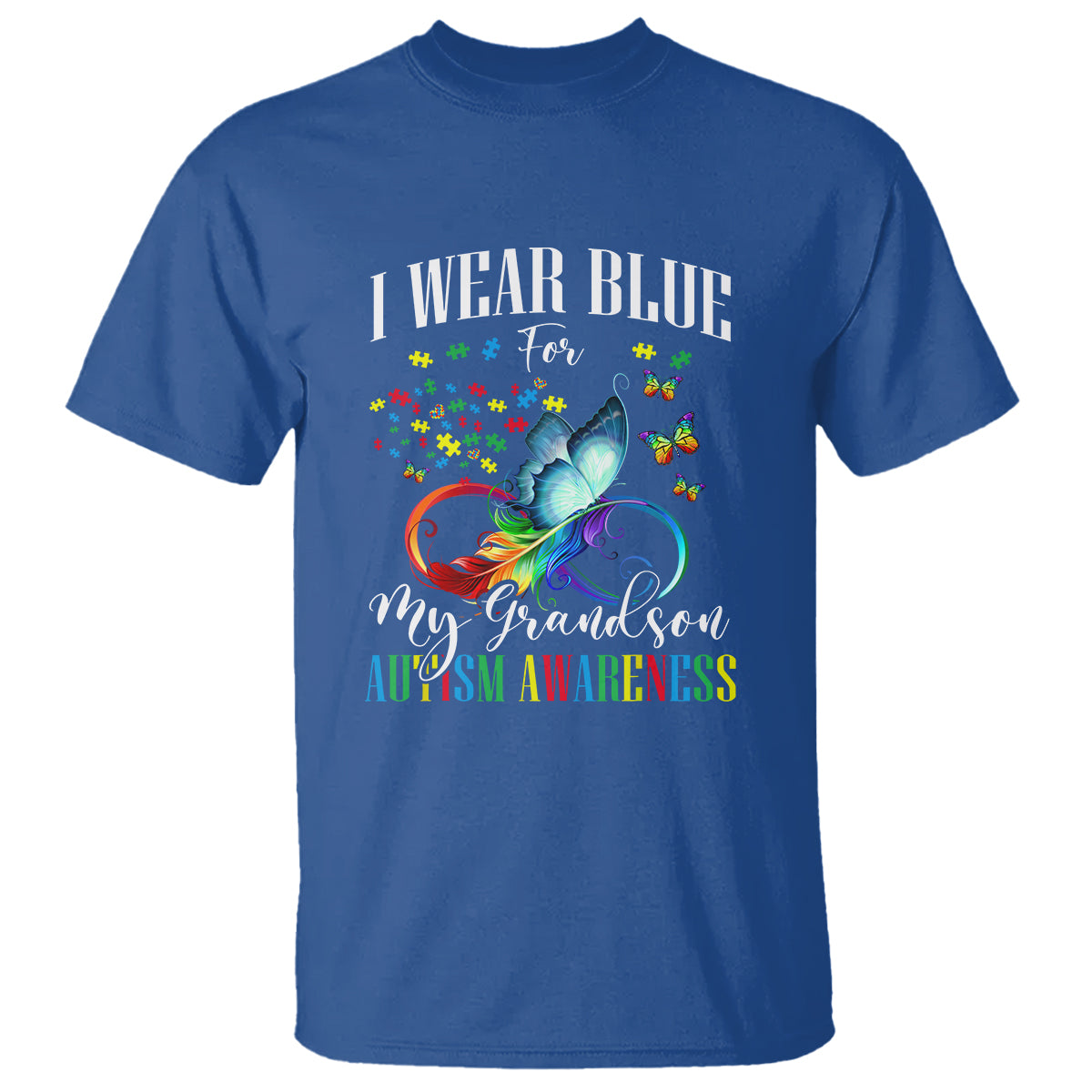 Autism Grandparents T Shirt I Wear Blue For My Grandson Grandma Grandpa Rainbow Infinity with Feather Butterfly - Wonder Print Shop