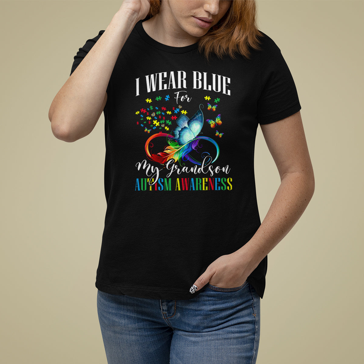 Autism Grandparents T Shirt For Women I Wear Blue For My Grandson Grandma Grandpa Rainbow Infinity with Feather Butterfly - Wonder Print Shop