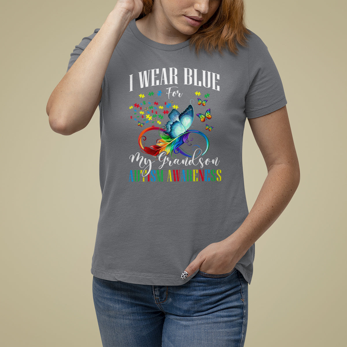 Autism Grandparents T Shirt For Women I Wear Blue For My Grandson Grandma Grandpa Rainbow Infinity with Feather Butterfly - Wonder Print Shop