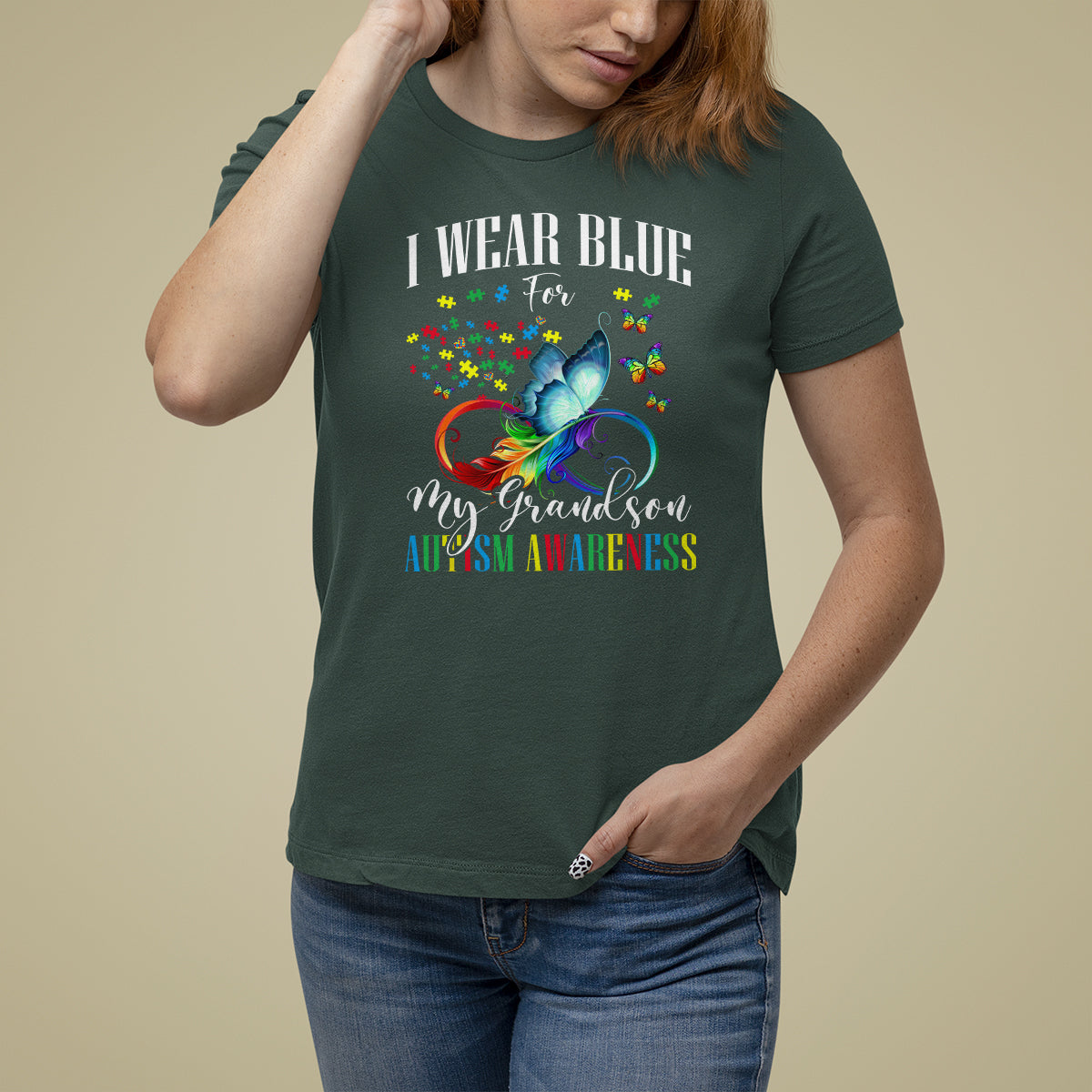Autism Grandparents T Shirt For Women I Wear Blue For My Grandson Grandma Grandpa Rainbow Infinity with Feather Butterfly - Wonder Print Shop