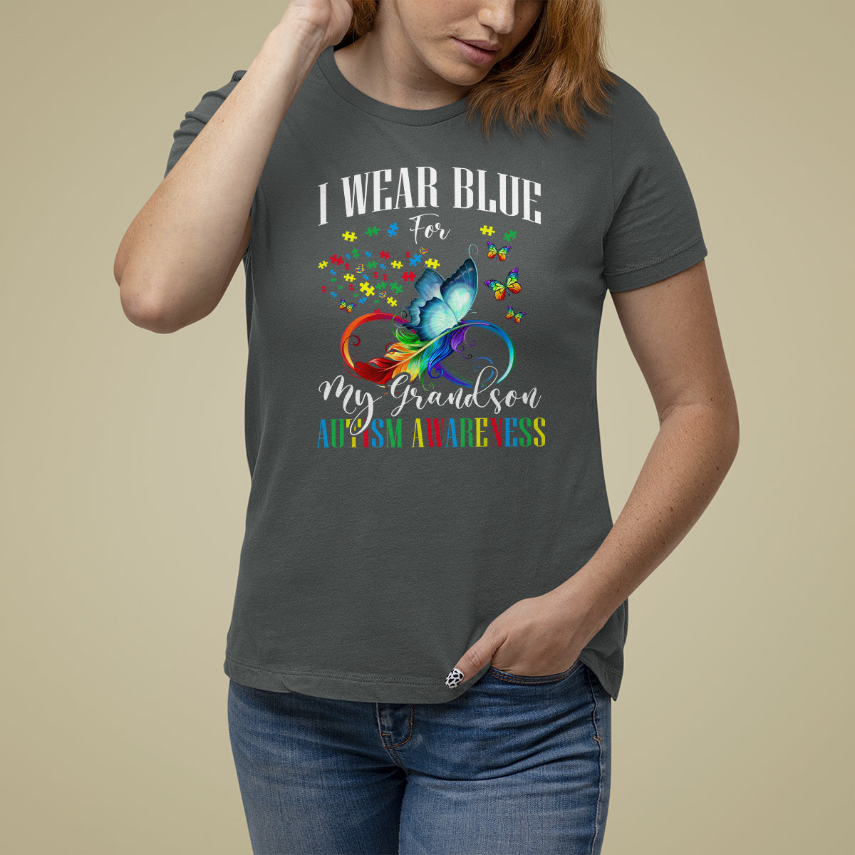 Autism Grandparents T Shirt For Women I Wear Blue For My Grandson Grandma Grandpa Rainbow Infinity with Feather Butterfly - Wonder Print Shop