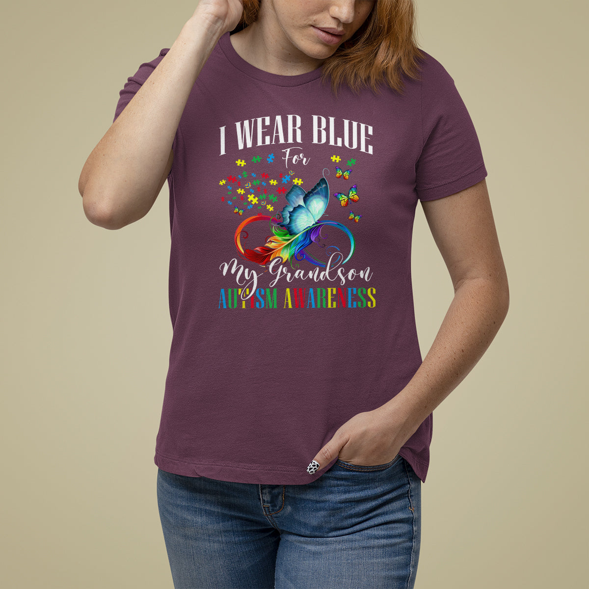 Autism Grandparents T Shirt For Women I Wear Blue For My Grandson Grandma Grandpa Rainbow Infinity with Feather Butterfly - Wonder Print Shop