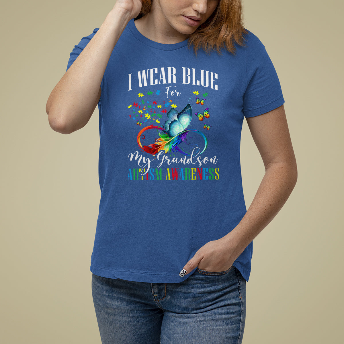 Autism Grandparents T Shirt For Women I Wear Blue For My Grandson Grandma Grandpa Rainbow Infinity with Feather Butterfly - Wonder Print Shop