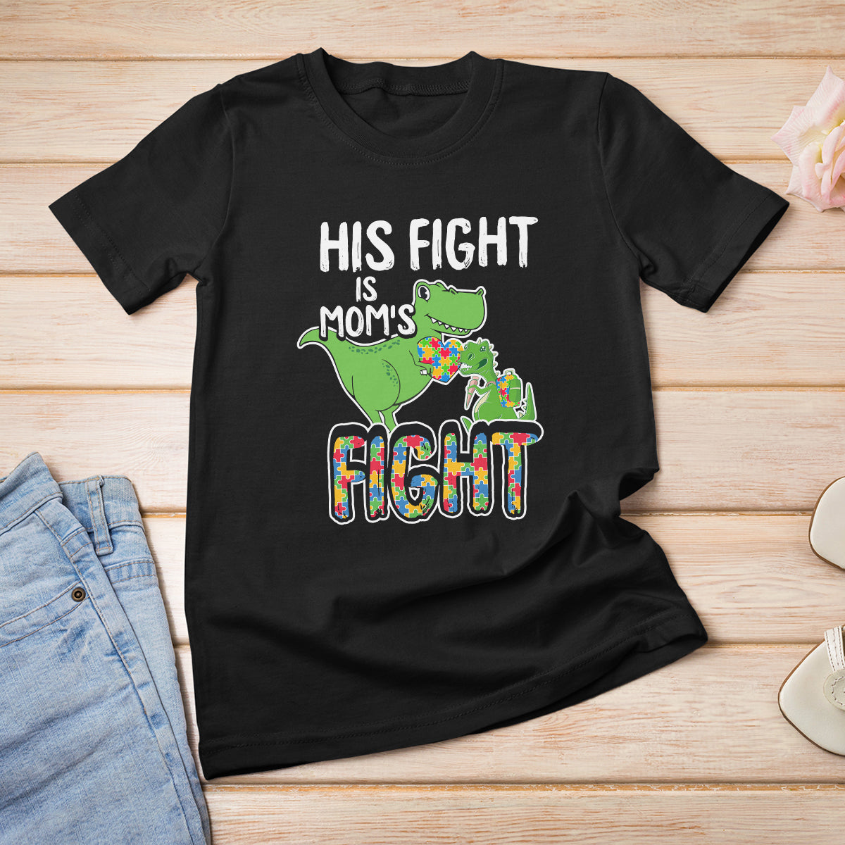 Dinosaur Autism Mama T Shirt For Women His Fight Is Mom's Fight Acceot Love Support Jigsaw Puzzle - Wonder Print Shop