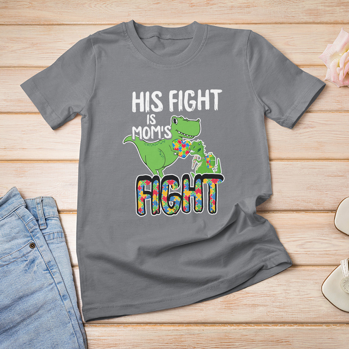 Dinosaur Autism Mama T Shirt For Women His Fight Is Mom's Fight Acceot Love Support Jigsaw Puzzle - Wonder Print Shop