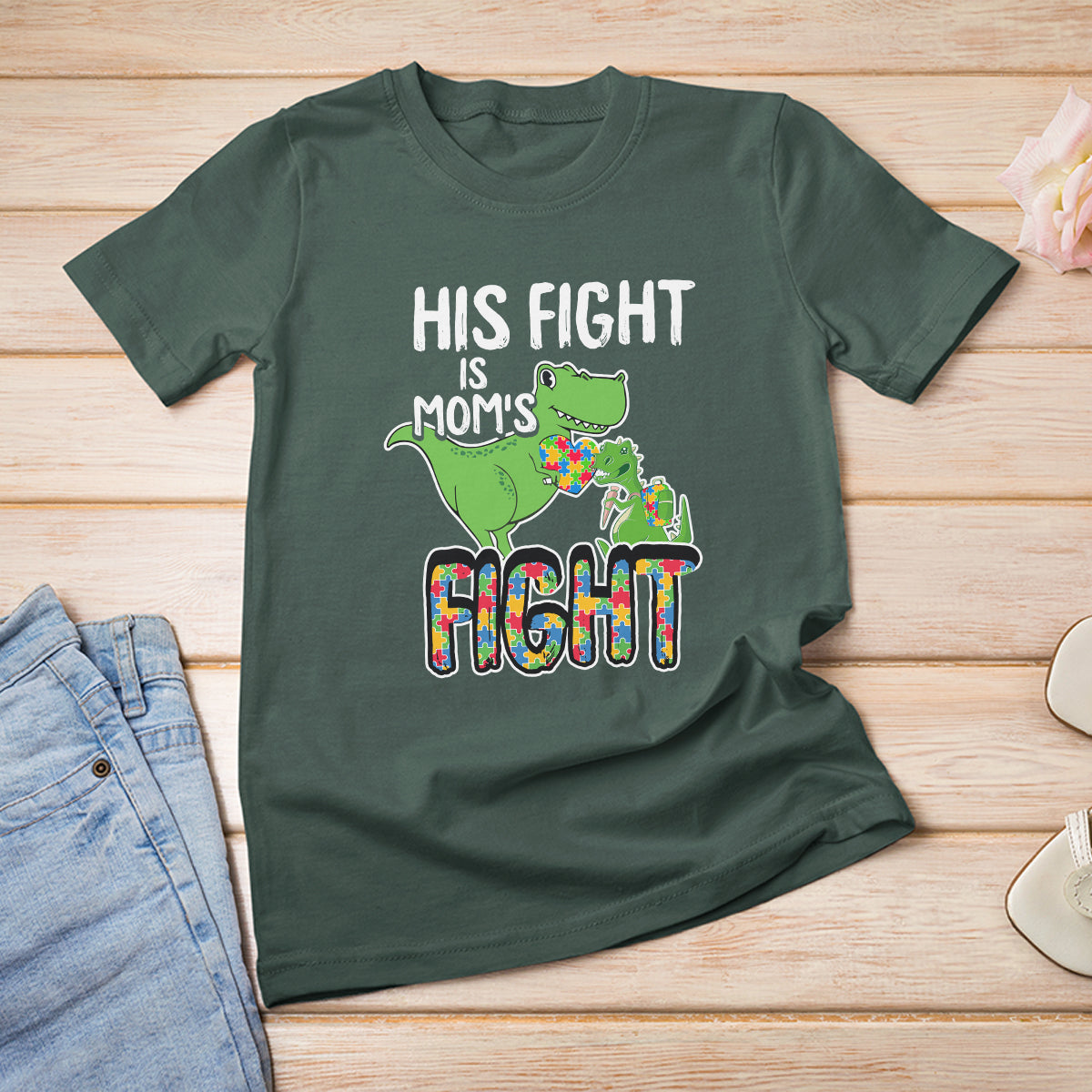 Dinosaur Autism Mama T Shirt For Women His Fight Is Mom's Fight Acceot Love Support Jigsaw Puzzle - Wonder Print Shop