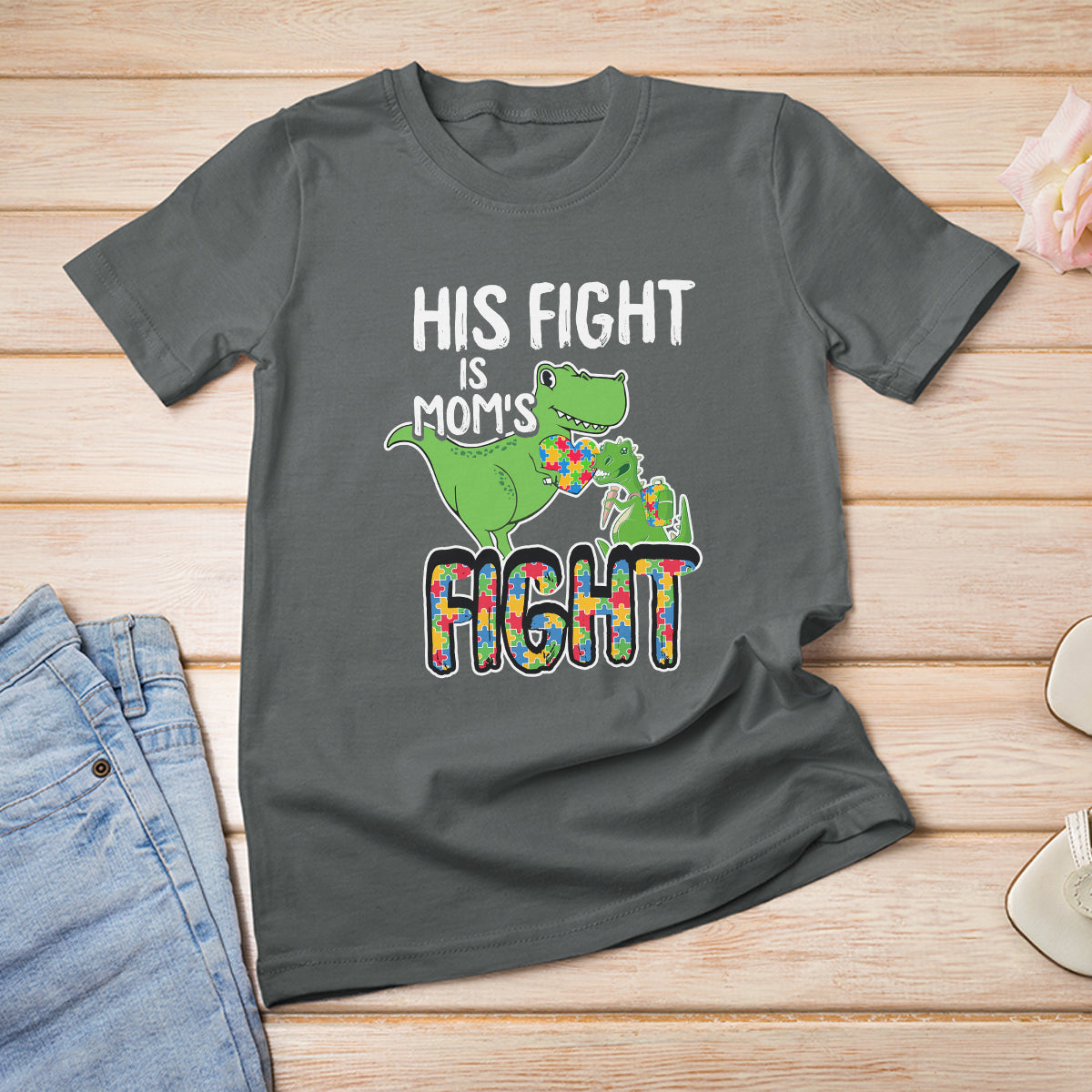 Dinosaur Autism Mama T Shirt For Women His Fight Is Mom's Fight Acceot Love Support Jigsaw Puzzle - Wonder Print Shop