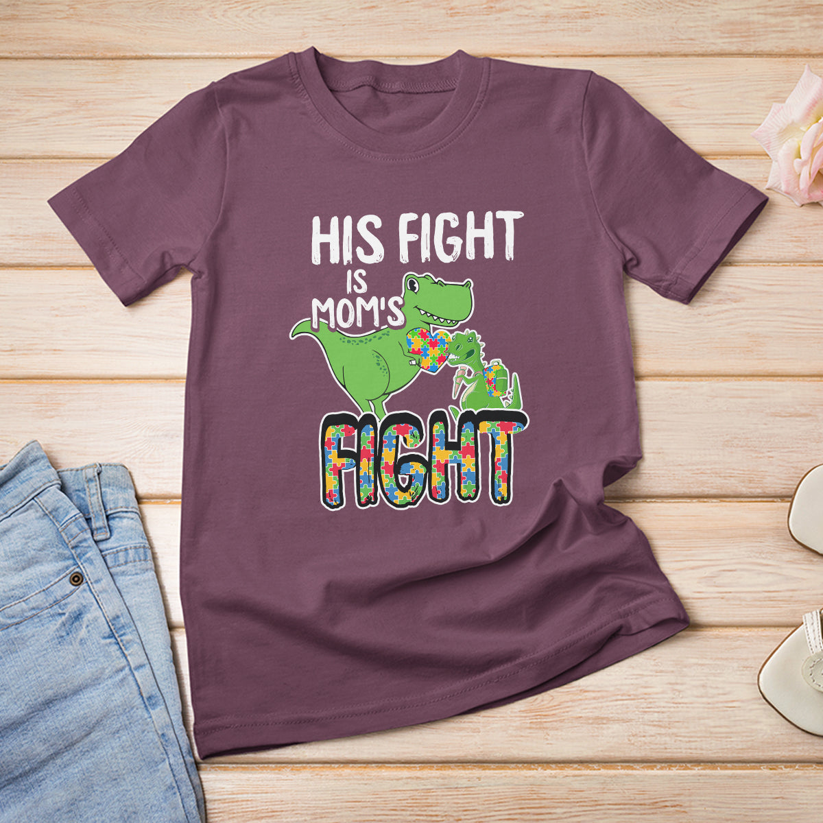 Dinosaur Autism Mama T Shirt For Women His Fight Is Mom's Fight Acceot Love Support Jigsaw Puzzle - Wonder Print Shop