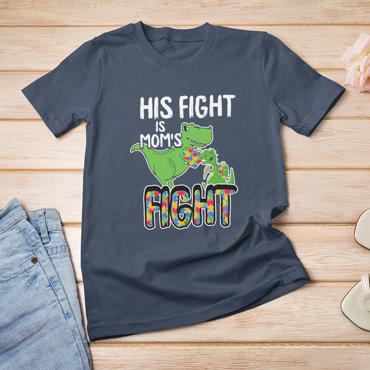 Dinosaur Autism Mama T Shirt For Women His Fight Is Mom's Fight Acceot Love Support Jigsaw Puzzle - Wonder Print Shop