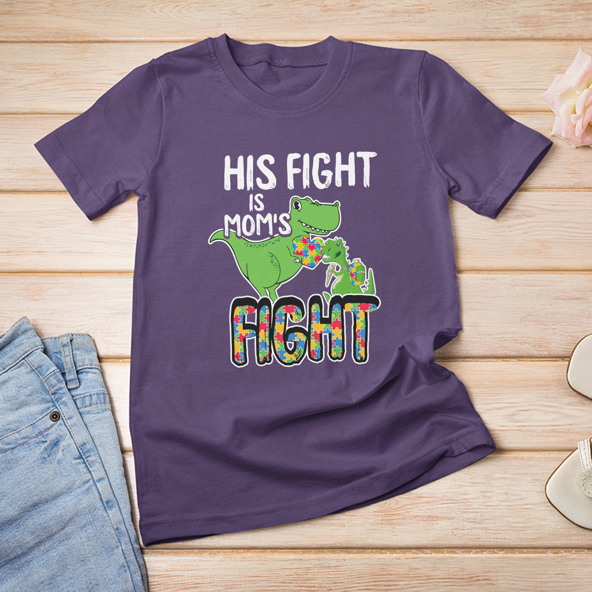 Dinosaur Autism Mama T Shirt For Women His Fight Is Mom's Fight Acceot Love Support Jigsaw Puzzle - Wonder Print Shop