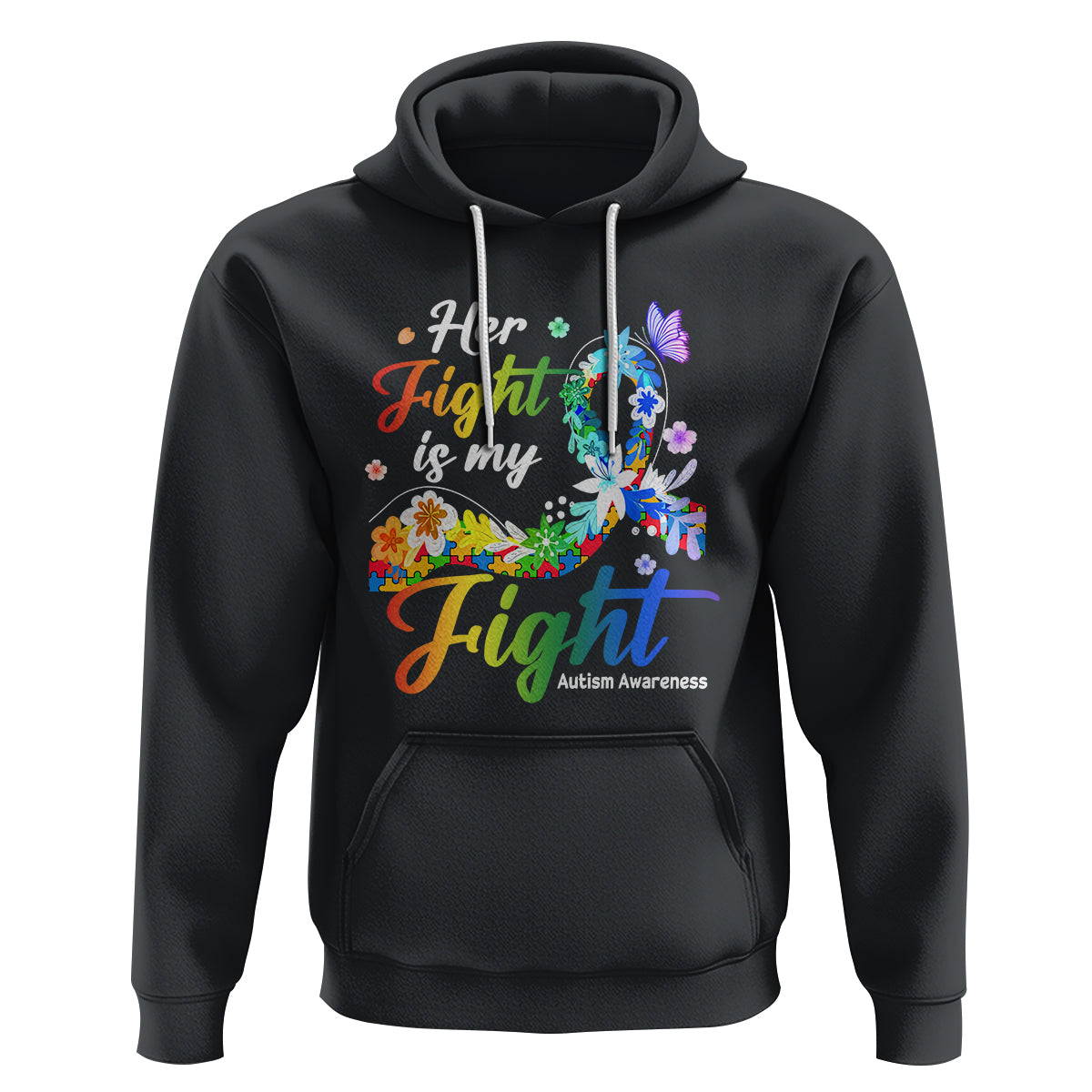 Autism Support Hoodie Her Fight Is My Fight Floral Rainbow Ribbon - Wonder Print Shop