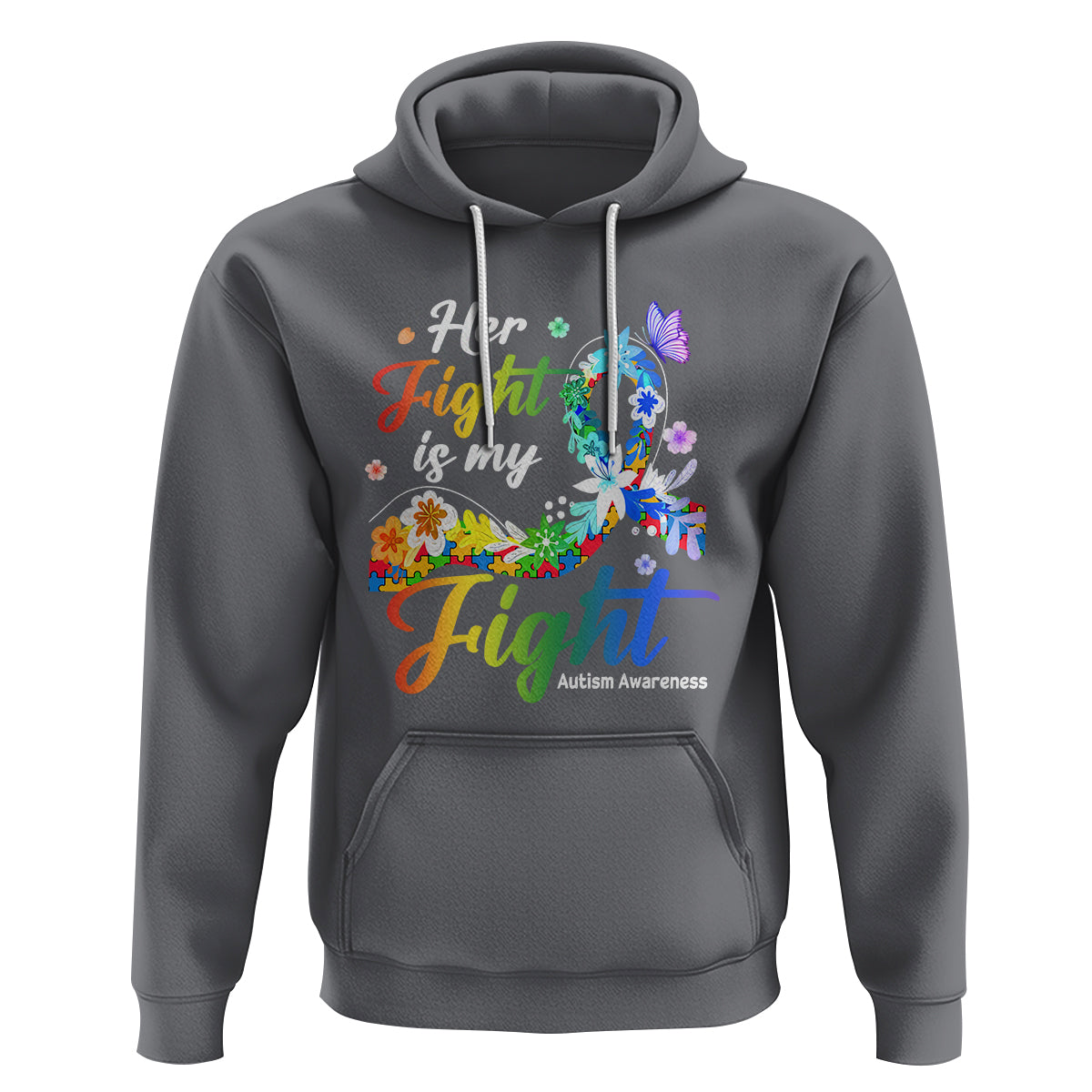 Autism Support Hoodie Her Fight Is My Fight Floral Rainbow Ribbon - Wonder Print Shop