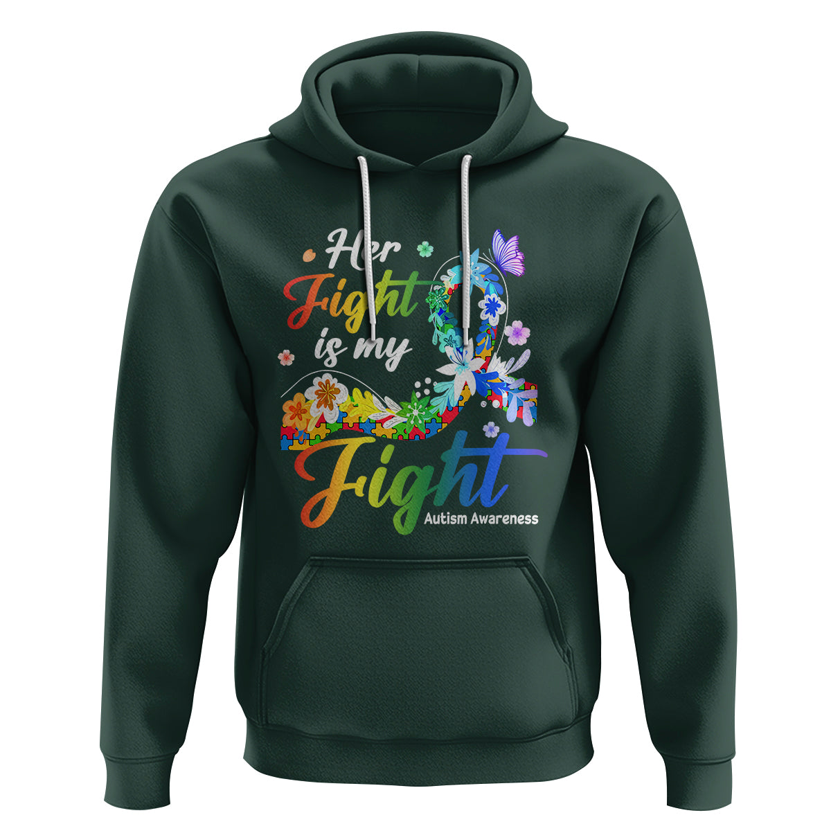 Autism Support Hoodie Her Fight Is My Fight Floral Rainbow Ribbon - Wonder Print Shop