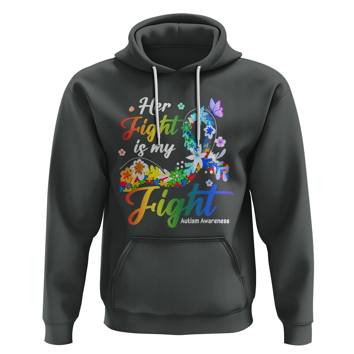 Autism Support Hoodie Her Fight Is My Fight Floral Rainbow Ribbon - Wonder Print Shop