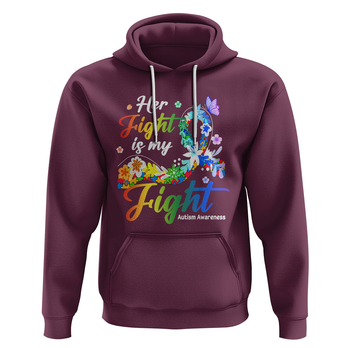Autism Support Hoodie Her Fight Is My Fight Floral Rainbow Ribbon - Wonder Print Shop