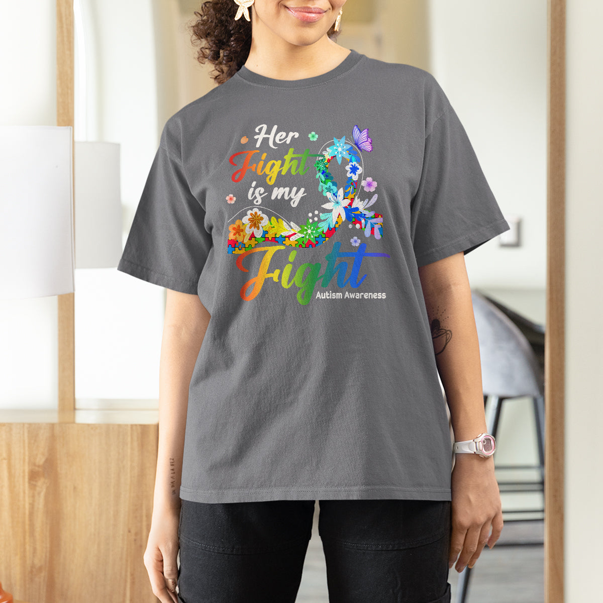 Autism Support T Shirt For Women Her Fight Is My Fight Floral Rainbow Ribbon - Wonder Print Shop
