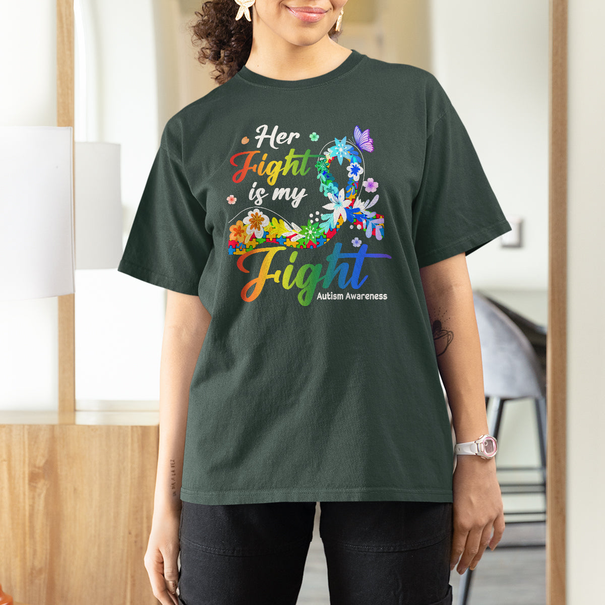 Autism Support T Shirt For Women Her Fight Is My Fight Floral Rainbow Ribbon - Wonder Print Shop