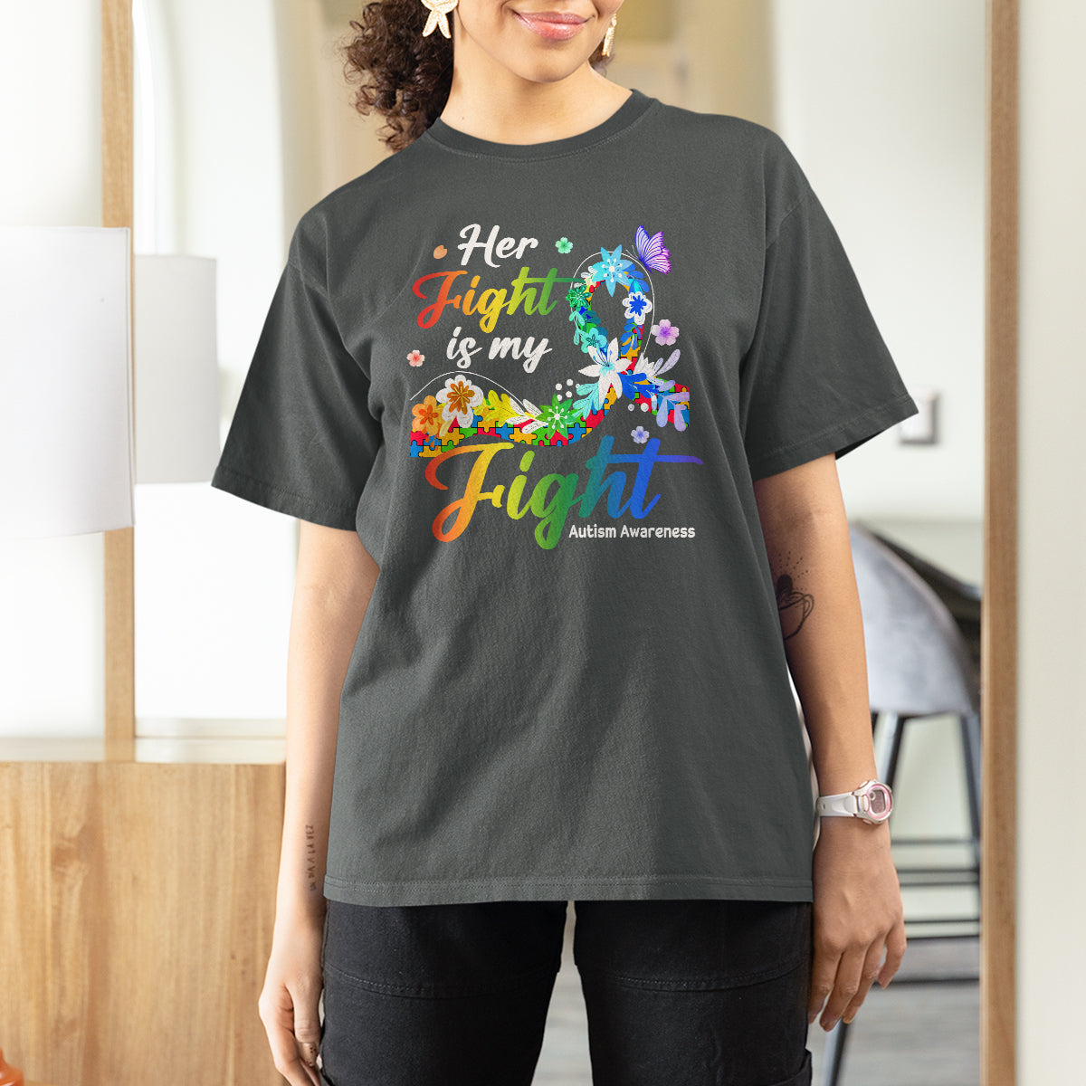 Autism Support T Shirt For Women Her Fight Is My Fight Floral Rainbow Ribbon - Wonder Print Shop