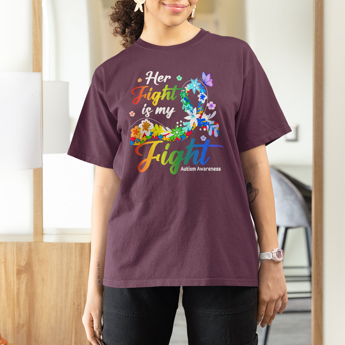 Autism Support T Shirt For Women Her Fight Is My Fight Floral Rainbow Ribbon - Wonder Print Shop