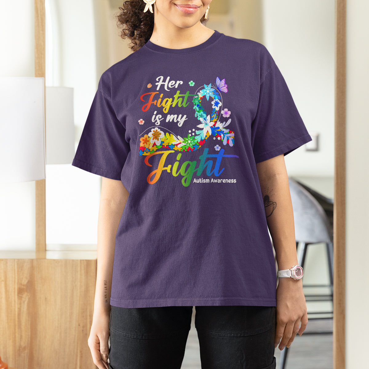 Autism Support T Shirt For Women Her Fight Is My Fight Floral Rainbow Ribbon - Wonder Print Shop