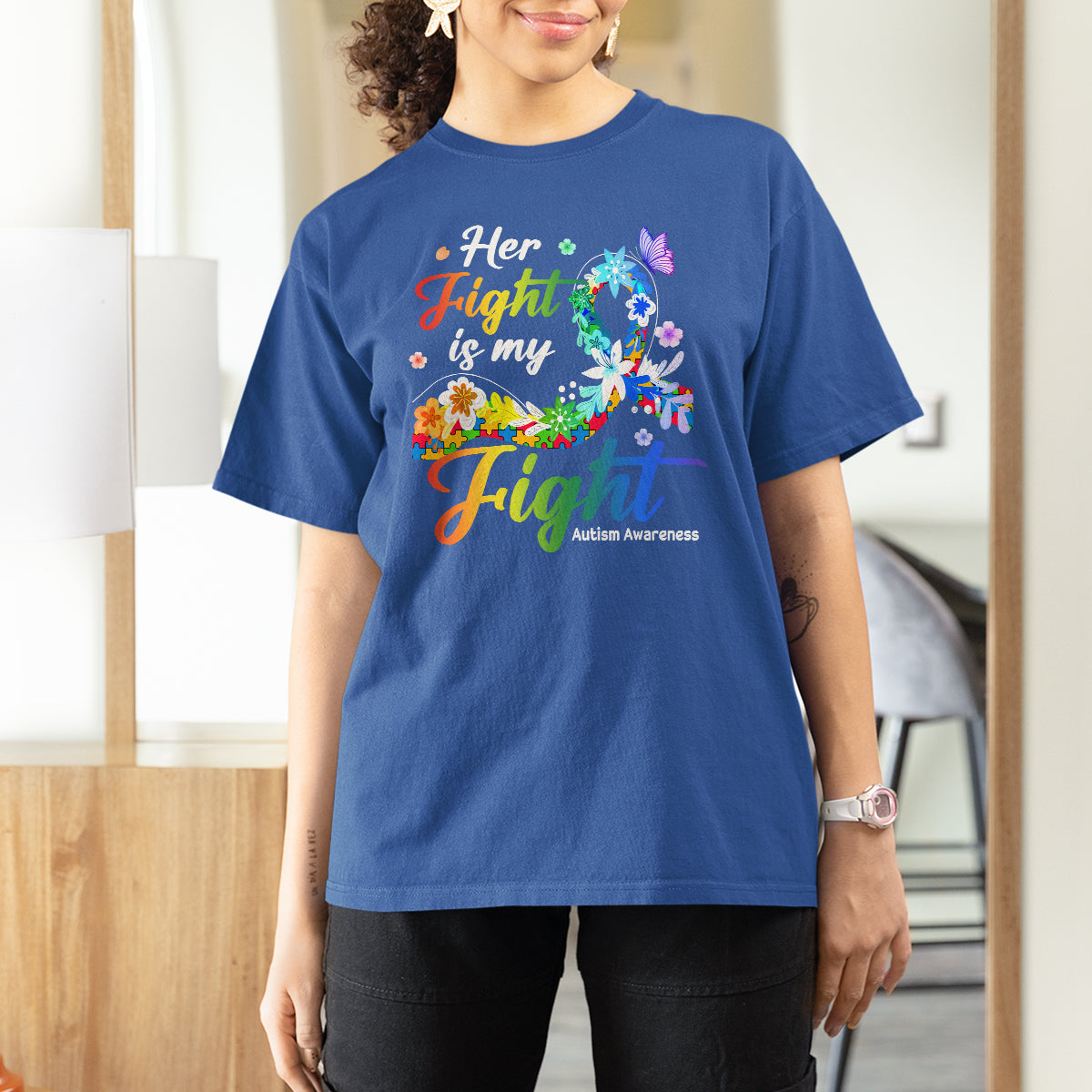 Autism Support T Shirt For Women Her Fight Is My Fight Floral Rainbow Ribbon - Wonder Print Shop