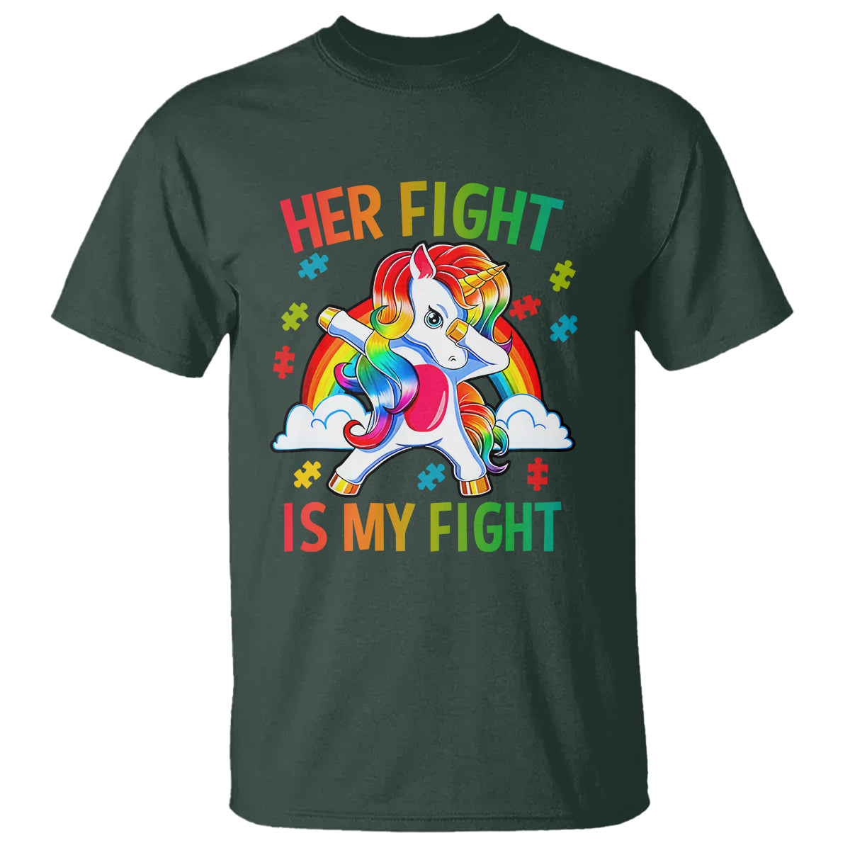 Autism Support T Shirt Her Fight Is My Fight Cute Dabbing Unicorn Rainbow - Wonder Print Shop