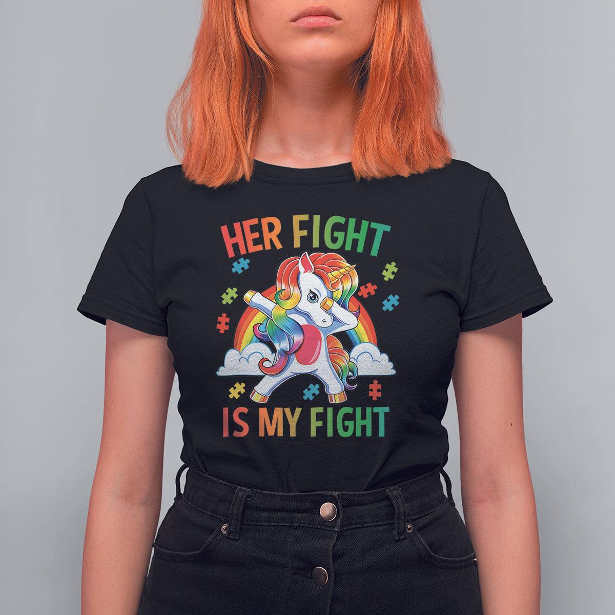 Autism Support T Shirt For Women Her Fight Is My Fight Cute Dabbing Unicorn Rainbow - Wonder Print Shop