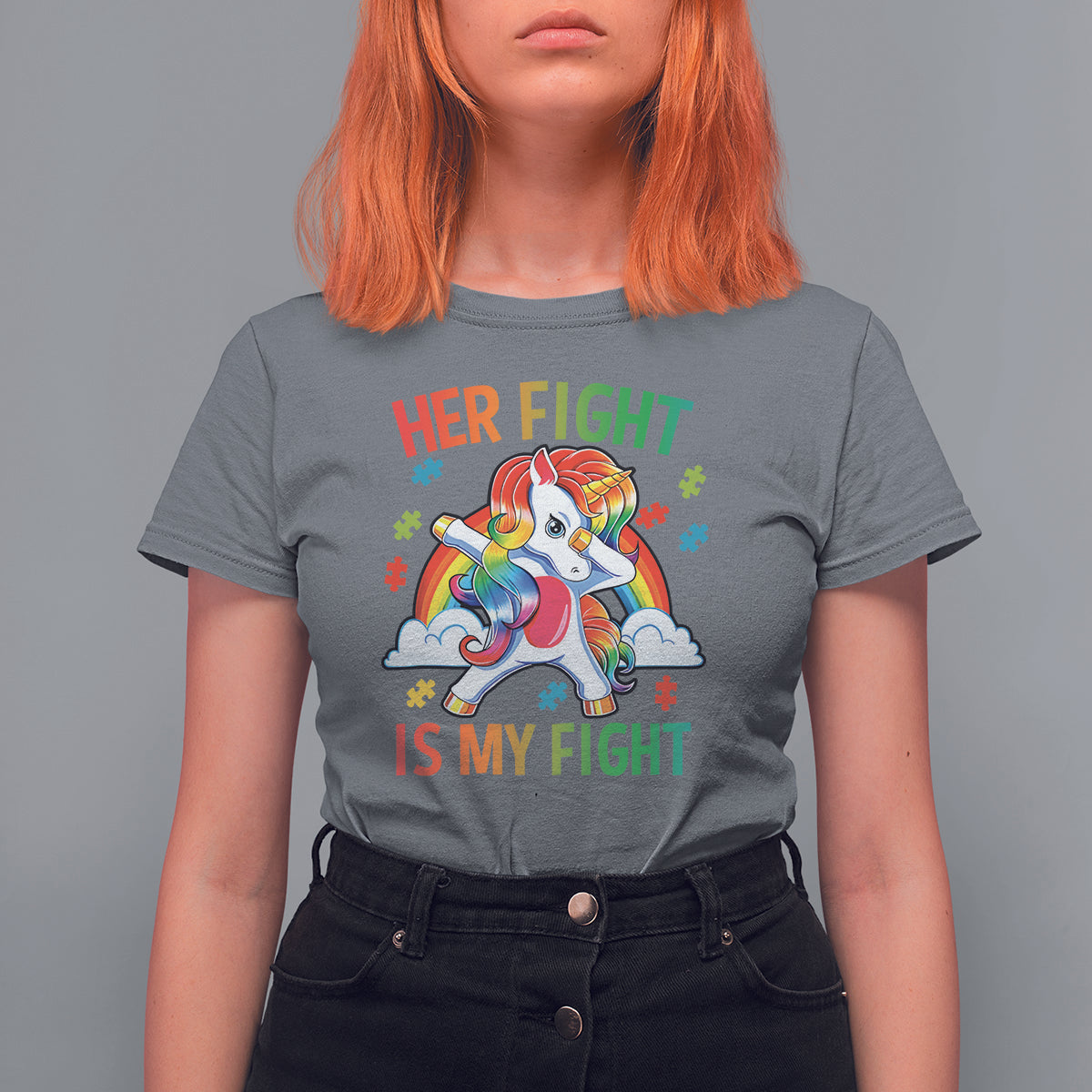 Autism Support T Shirt For Women Her Fight Is My Fight Cute Dabbing Unicorn Rainbow - Wonder Print Shop