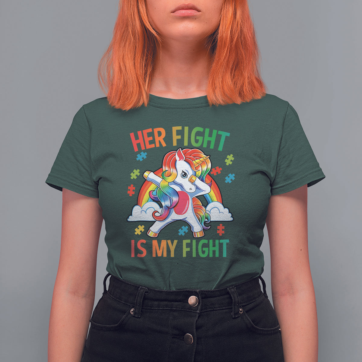 Autism Support T Shirt For Women Her Fight Is My Fight Cute Dabbing Unicorn Rainbow - Wonder Print Shop
