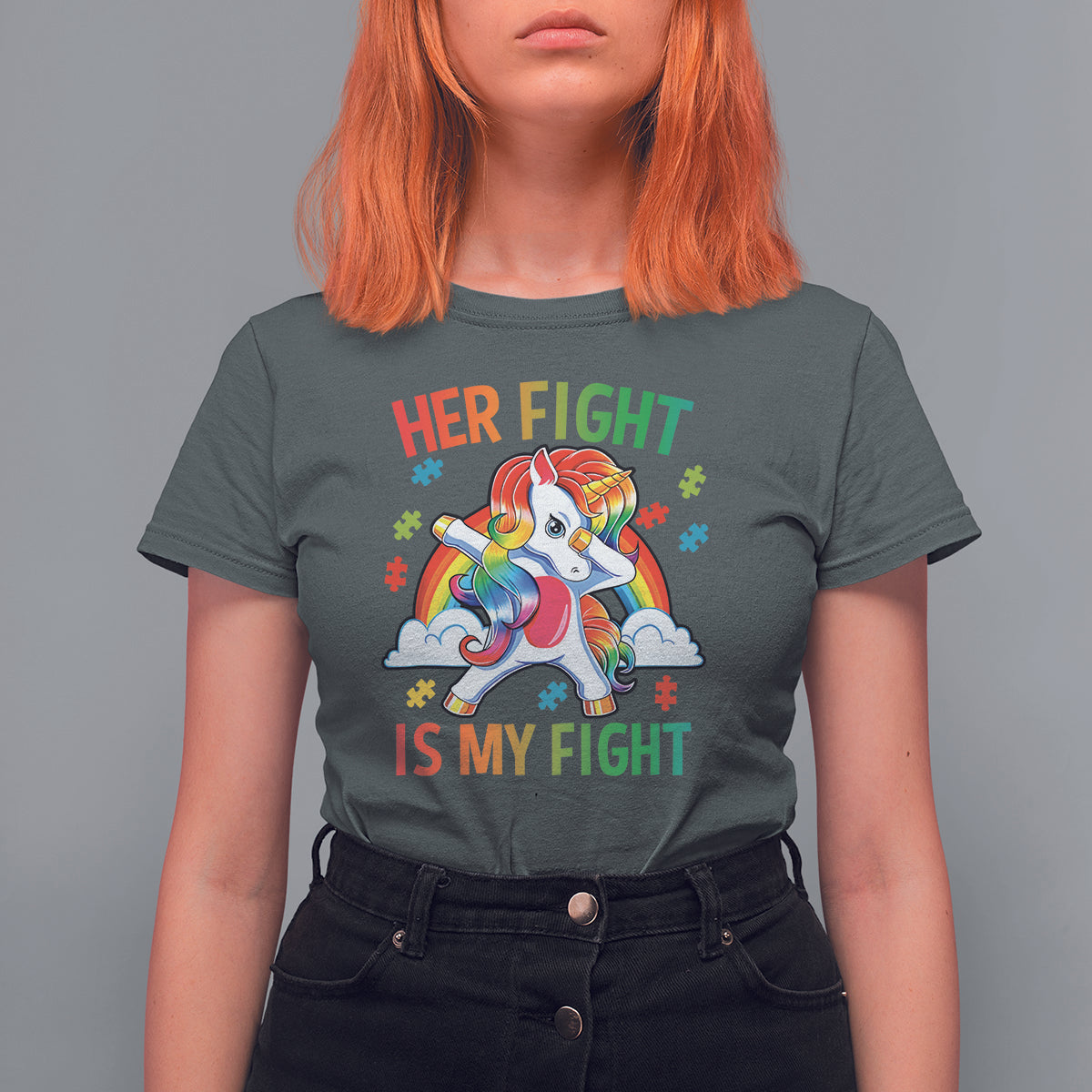 Autism Support T Shirt For Women Her Fight Is My Fight Cute Dabbing Unicorn Rainbow - Wonder Print Shop