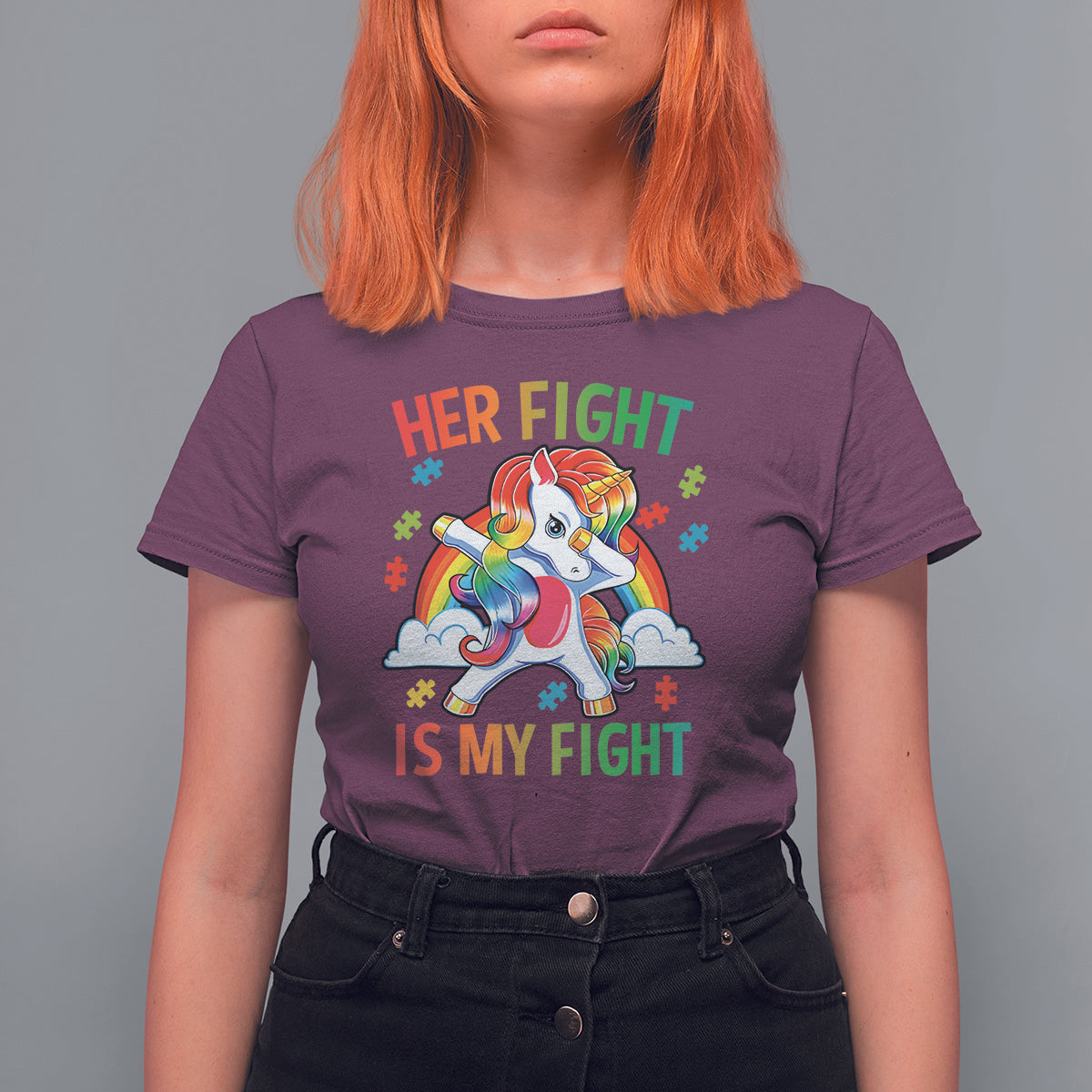 Autism Support T Shirt For Women Her Fight Is My Fight Cute Dabbing Unicorn Rainbow - Wonder Print Shop