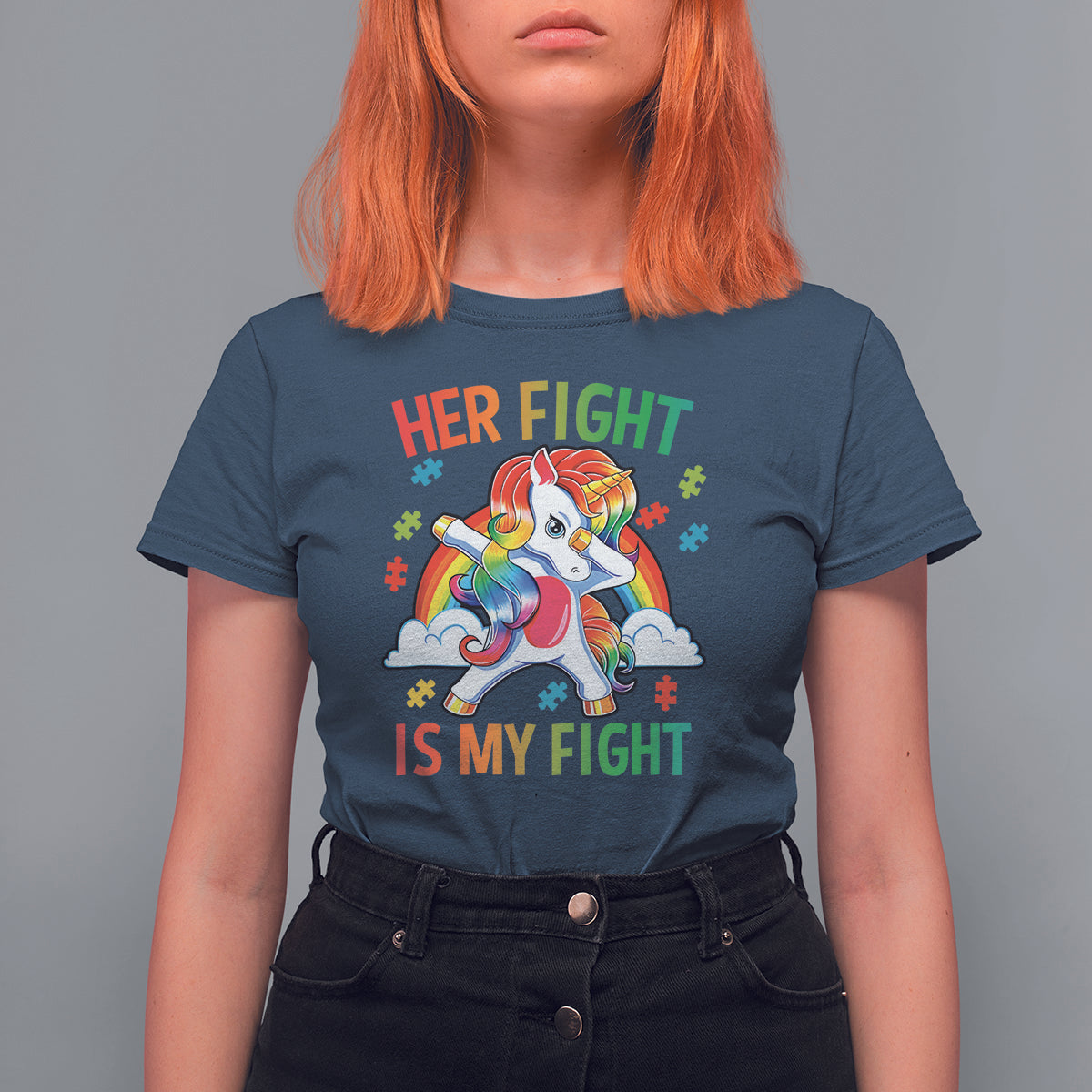 Autism Support T Shirt For Women Her Fight Is My Fight Cute Dabbing Unicorn Rainbow - Wonder Print Shop