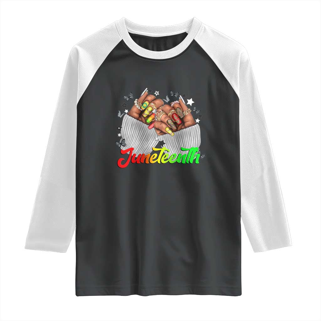 Juneteenth Celebration Raglan Shirt Since 1865 Women Nails Butterflies