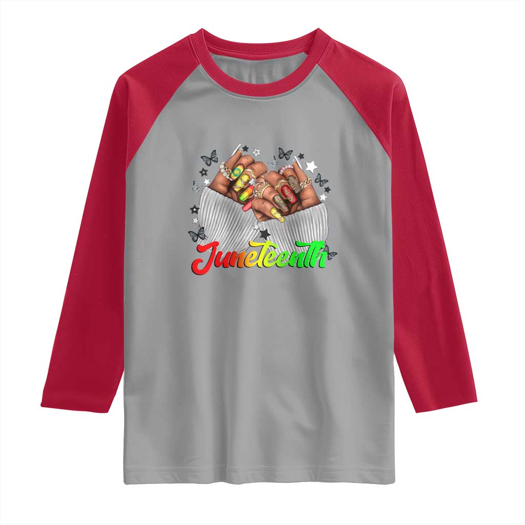 Juneteenth Celebration Raglan Shirt Since 1865 Women Nails Butterflies