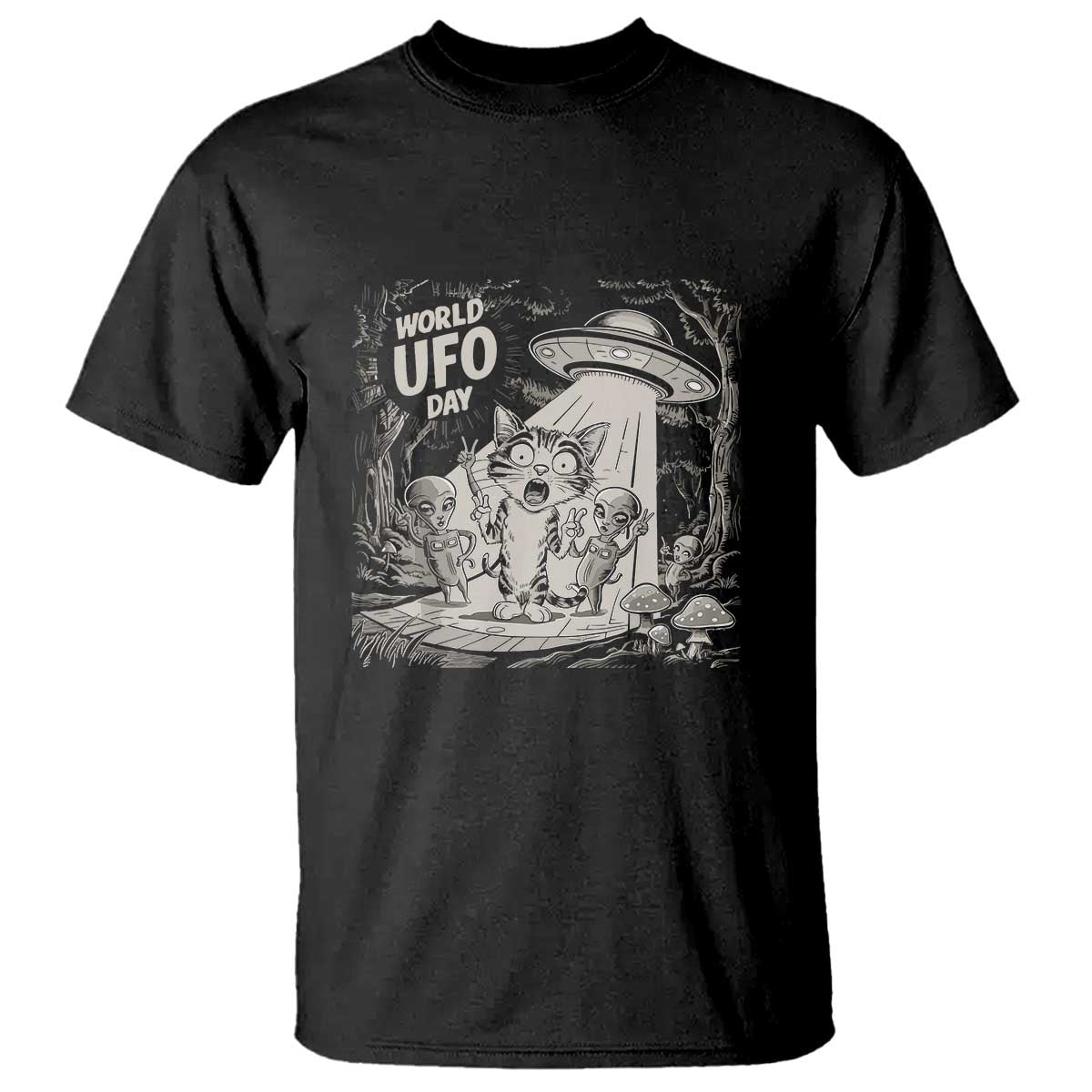 Funny Surprised Cat with UFOs Peace Sign Alien UFO Invasion T Shirt - Wonder Print Shop