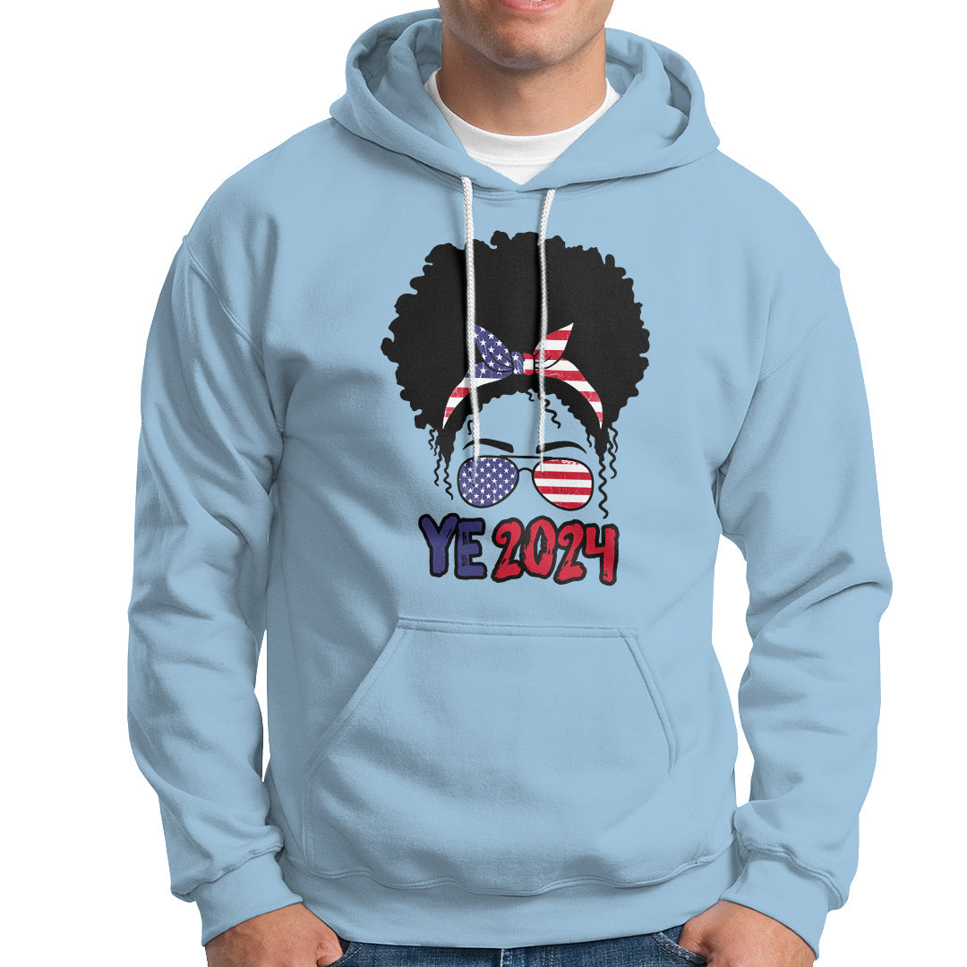 Light blue pullover hoodie with front 'YE2024' graphic and drawstring hood