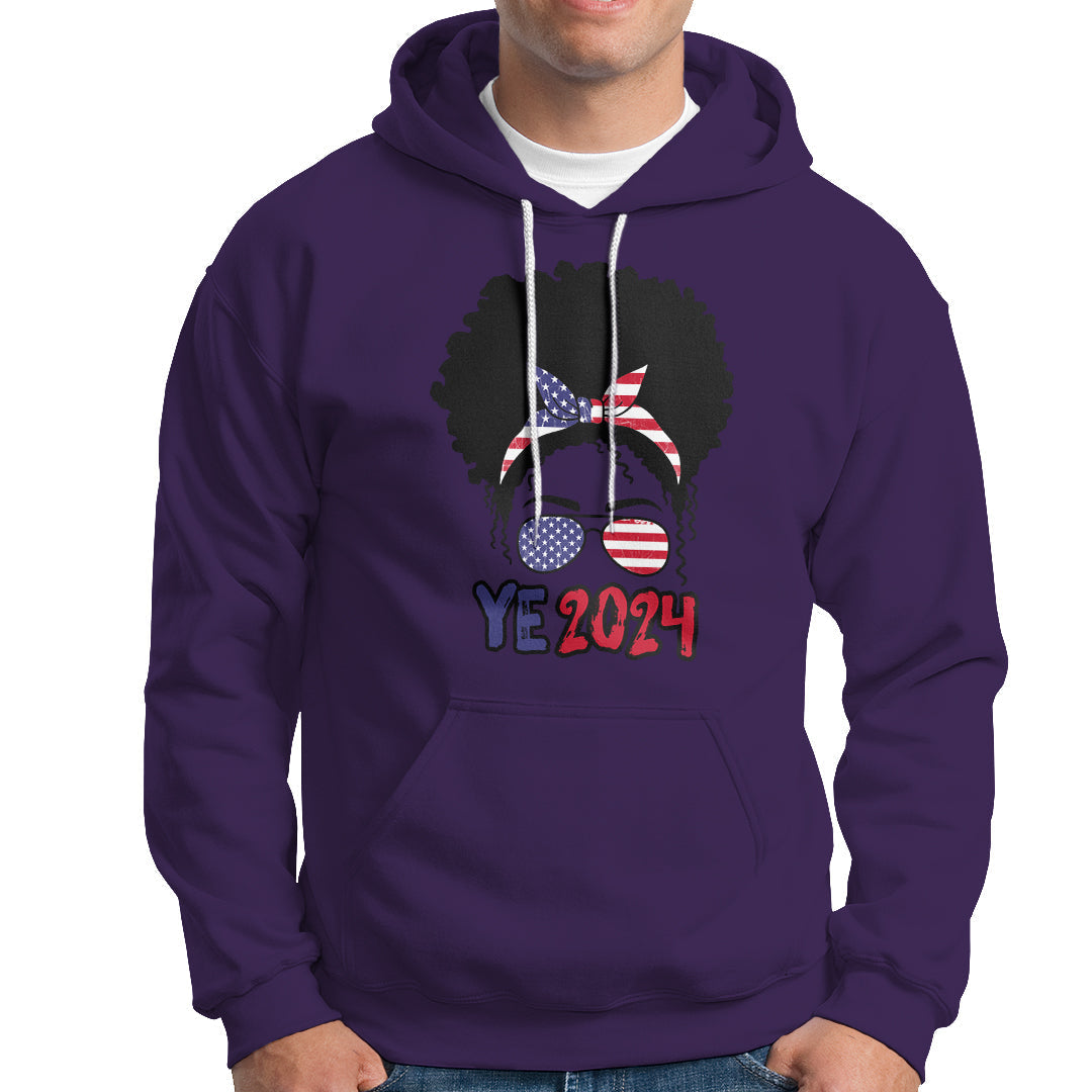 Purple pullover hoodie with front 'YE2024' graphic and drawstring hood